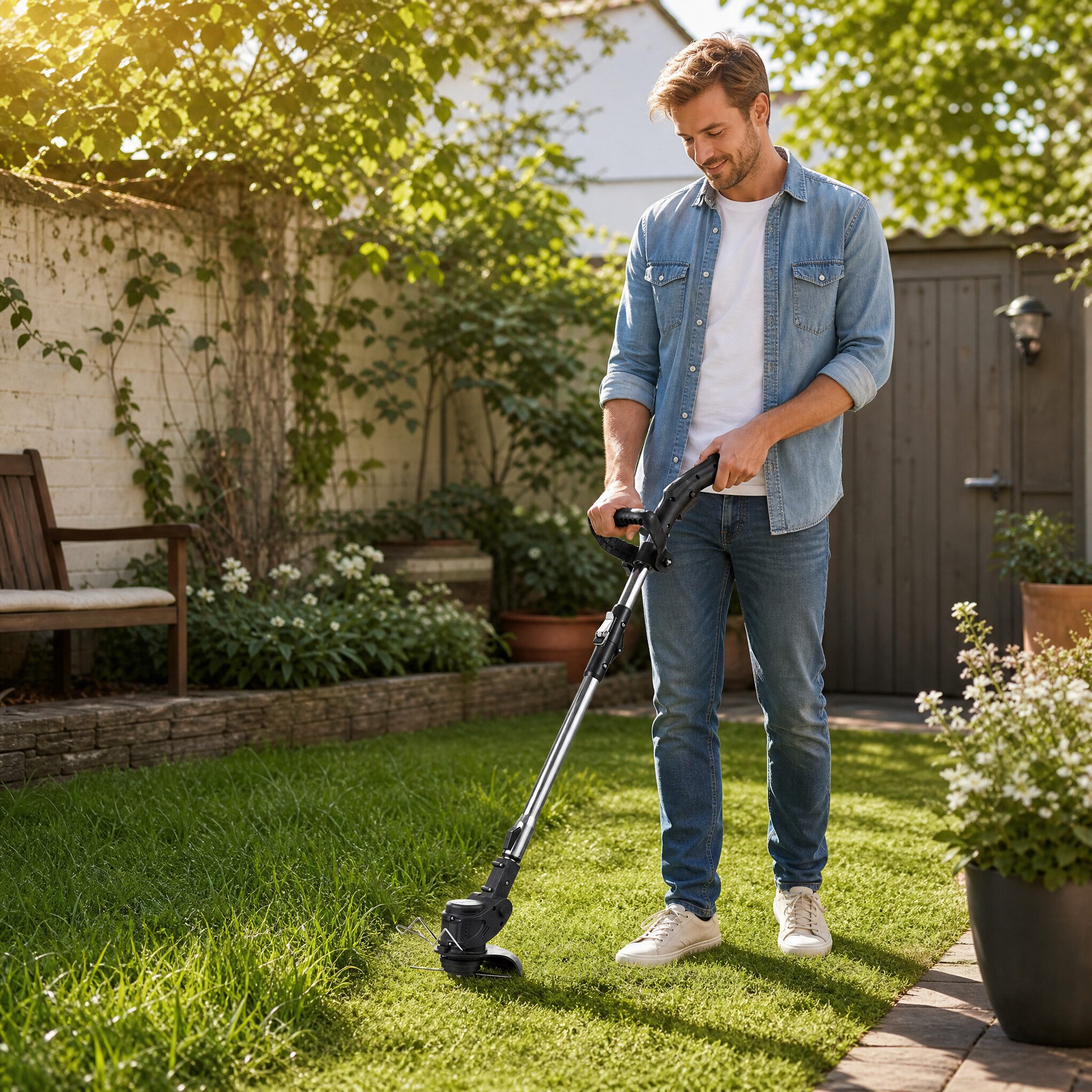 GARRYFIZH Akkurasenmäher Rasentrimmer Mit Akku,Akku Rasentrimmer Trimmer Garten, 2 Batterien