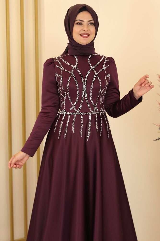 Modavitrini Satinkleid Schmucksteinen Abaya Schmucksteine Abiye Damen Abendkleid Maxikleid Violett mit