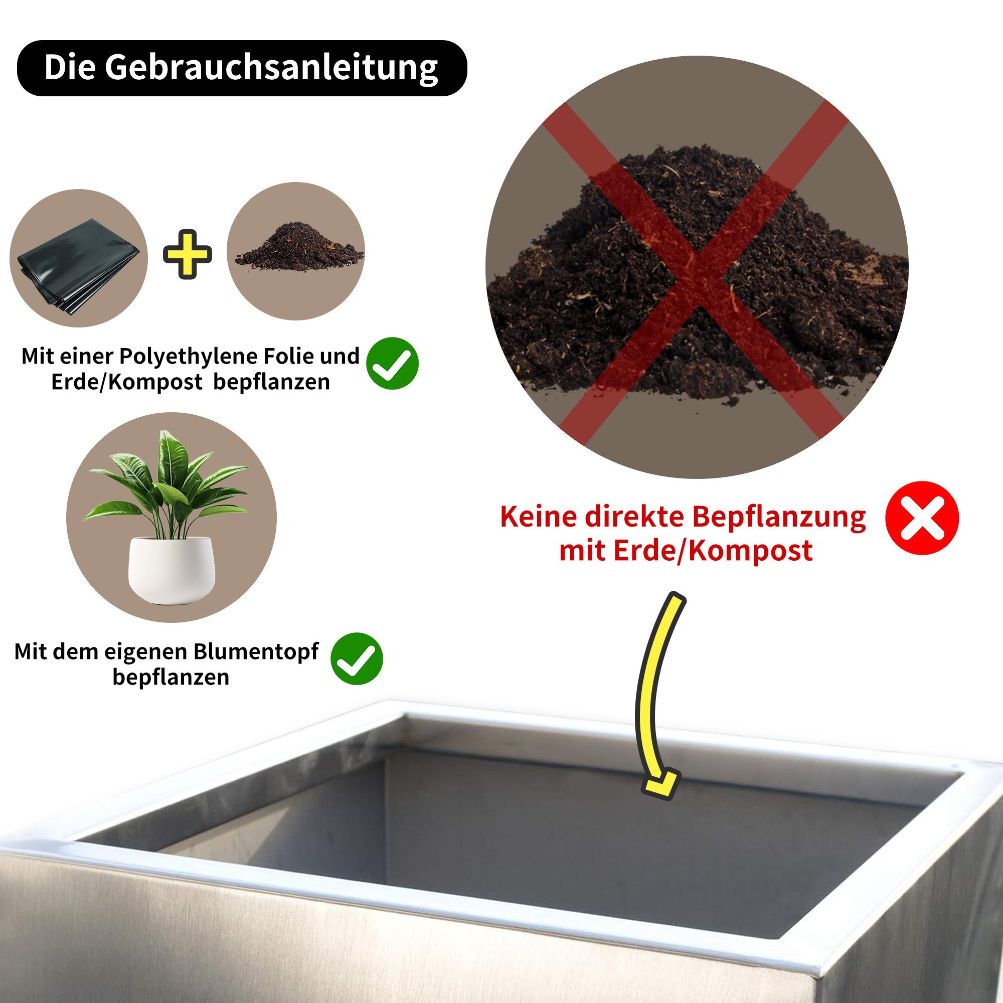 Köhko Pflanzkübel Pflanzkübel Edelstahl matt gebürsteter Blumengefäß eckig Stehsäule – Bild 5 von 5
