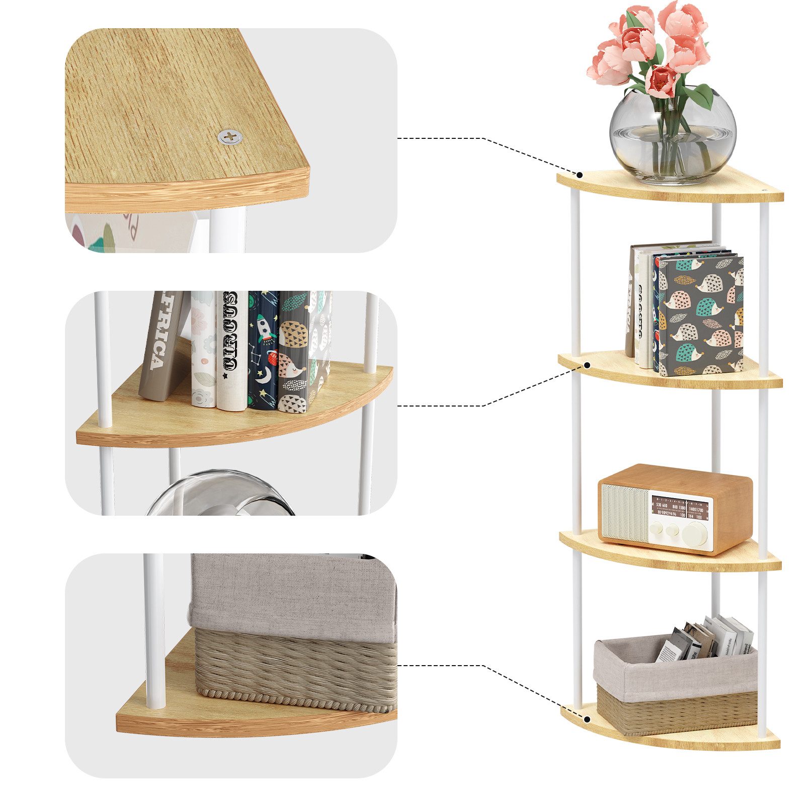 JEOBEST Eckregal Bücherregal mit 4 Ebenen, Aufbewahrungsregal, Pflanzenregal, H: 93cm, Industrial-Design, mit Stahlrahmen – Bild 4 von 5