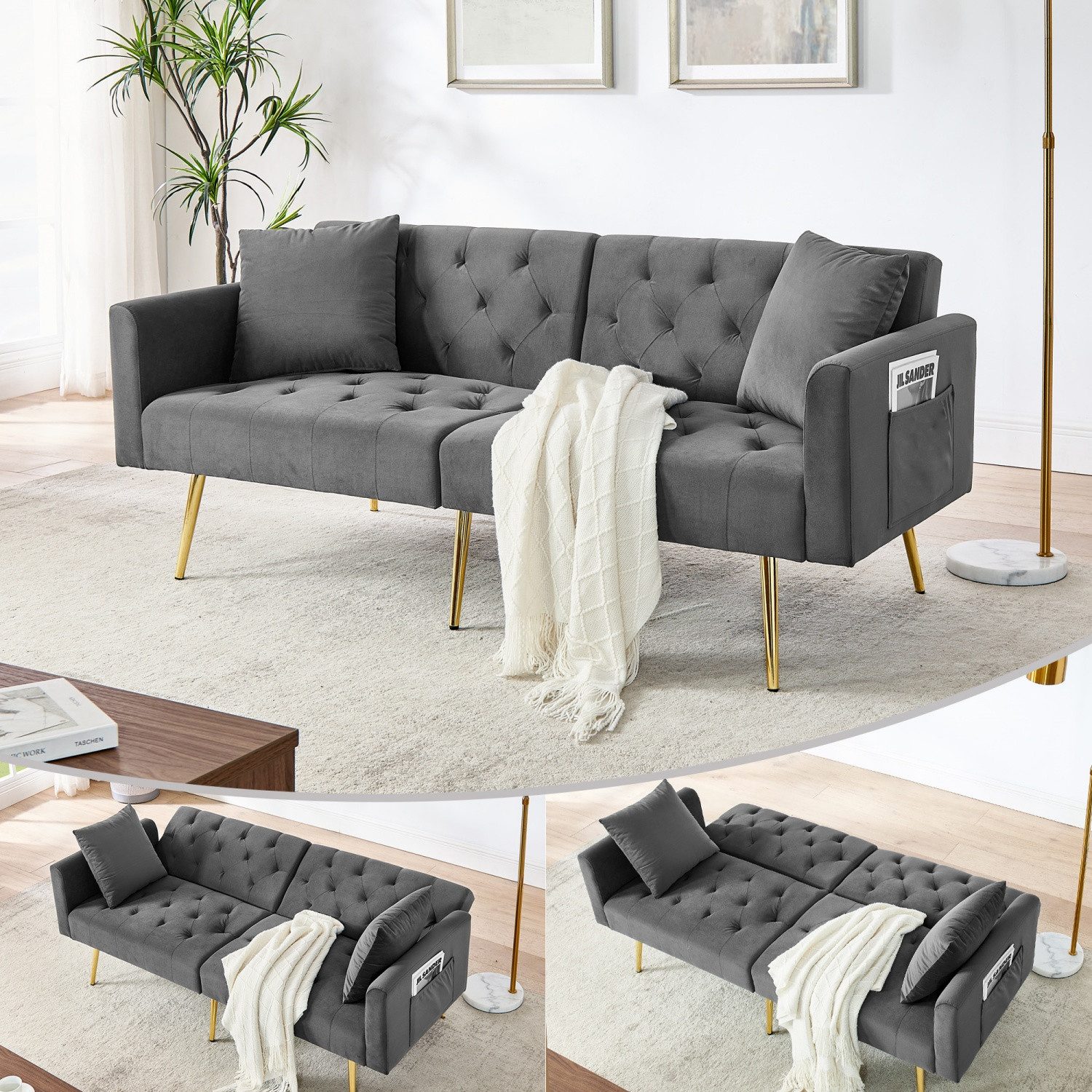 ANYSUN 2-Sitzer Moderner Sammet-Zweiersofa,3-stufige verstellbare Rückenlehne, 2 beigelegte Kissen, stabile Metallbeine, weich & komfortabe, 250 kg Tragfähigkeit für Wohnzimmer,Mietwohnung, kleines Apartment