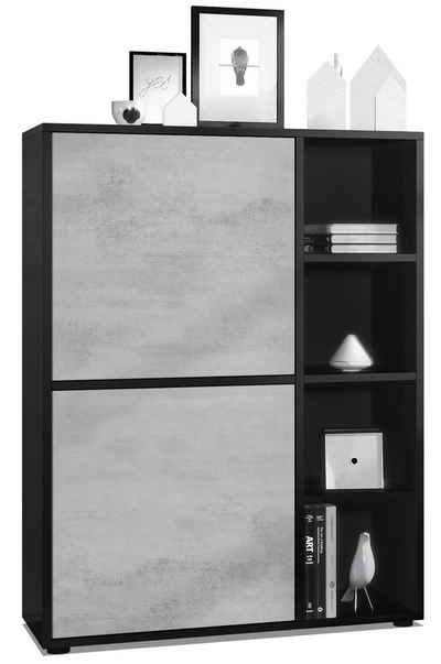 Vladon Highboard Cuba (Anrichte, mit 2 Türen und 4 offene Fächer), Schwarz matt/Beton Oxid Optik (79 x 105,5 x 35,5 cm)