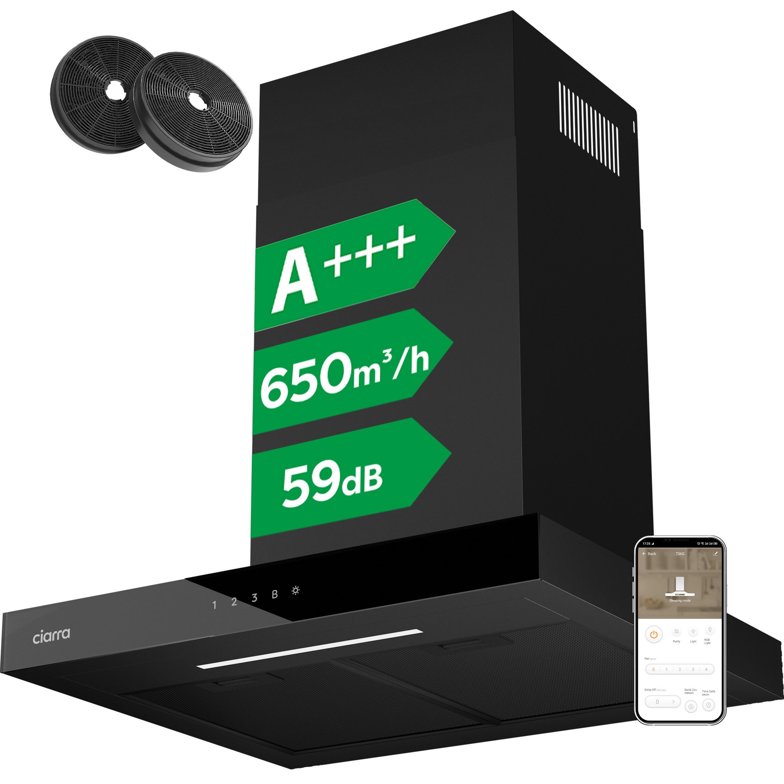 CIARRA Wandhaube 60 cm Dunstabzugshaube A+++ 650 m³/h Umluft & Abluft 4 Stufen CBCB6102 60 cm Dunstabzugshaube A+++ 650 m³/h Umluft & Abluft 4 Stufen CBCB6102, Kaminhaube leise WIFI-APP Touch Control Inkl. BOOST mit 2*Kohlefilter