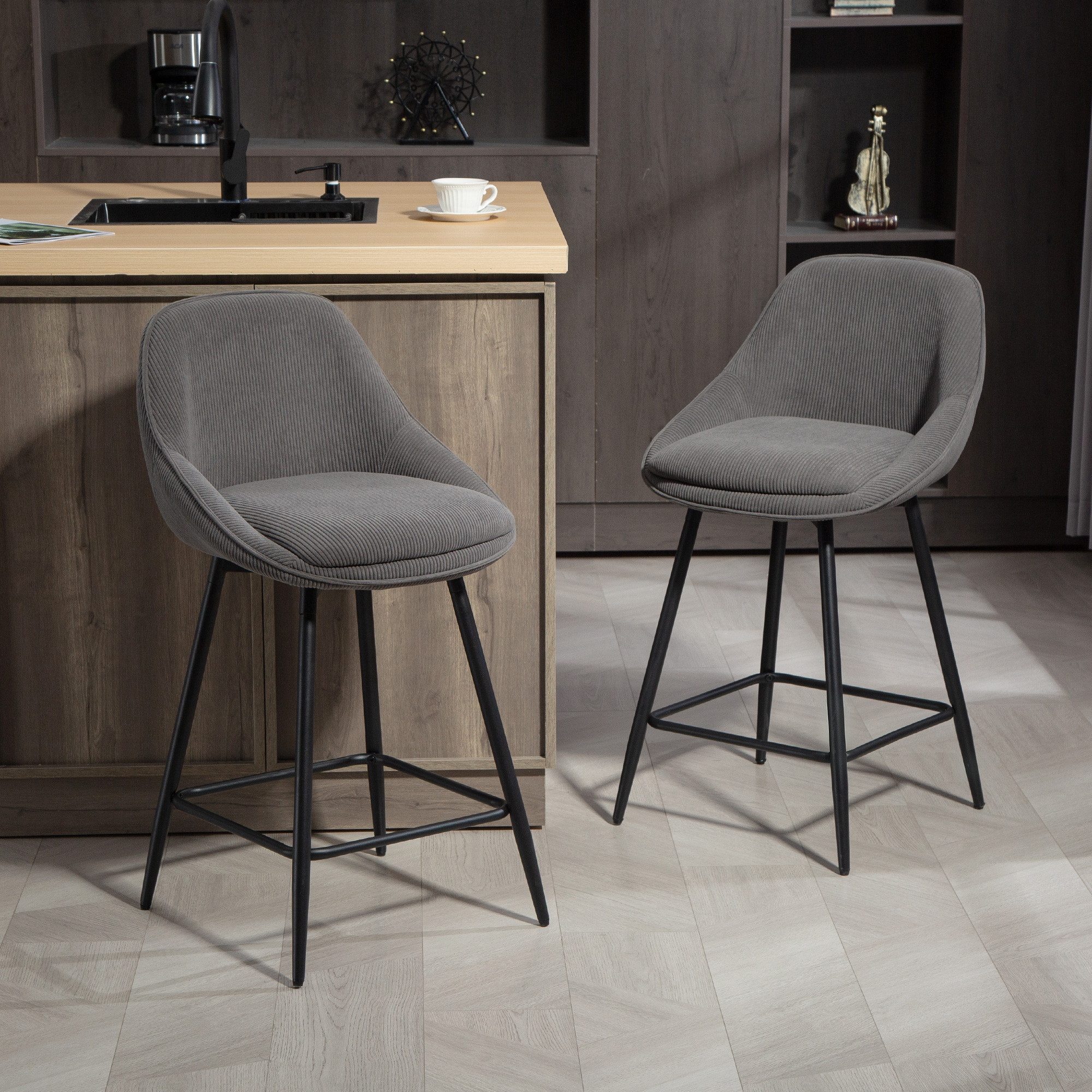 HOMCOM Barhocker Drehbar Tresenhocker mit Fußstütze, Rückenlehne, Kord-Optik (Bistrohocker, 2 St., Barstuhl), für Esszimmer, Grau