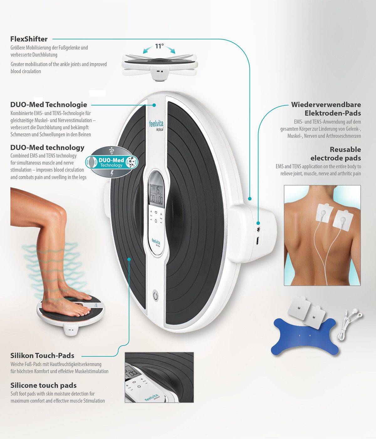 Genius EMS-Fußmassage-Gerät Feelvita Acticur Vital-Set EMS & TENS Gerät & Blutdruckmessgerät, (13.tlg-Set), Praktisches Hilfsmittel für die Gesundheit