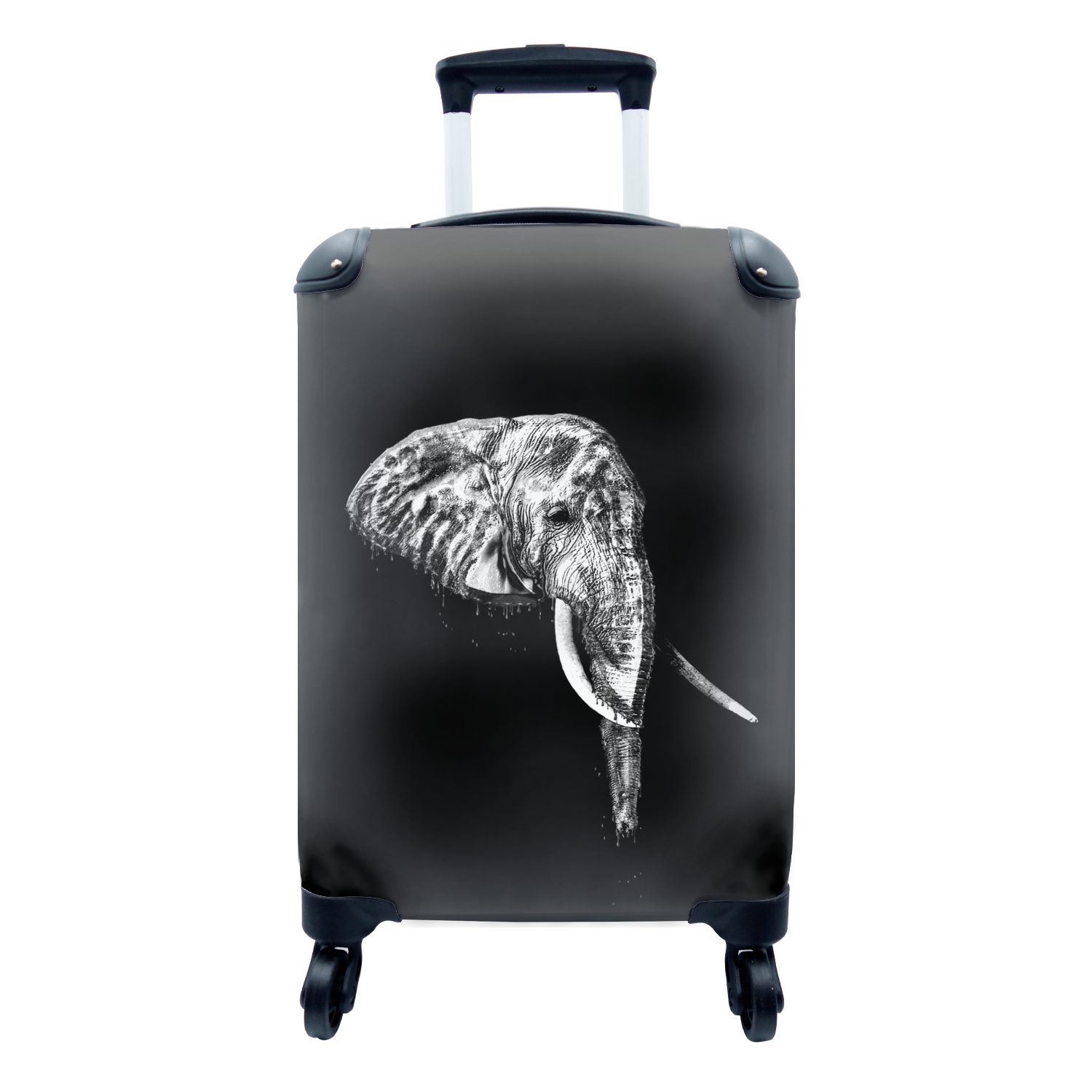 MuchoWow Reisekoffer schwarzem Trolley, Rollen, schwarz und weiß, für 4 Handgepäck Elefant vor Hintergrund Reisetasche Illustration Handgepäckkoffer Ferien, rollen, - mit