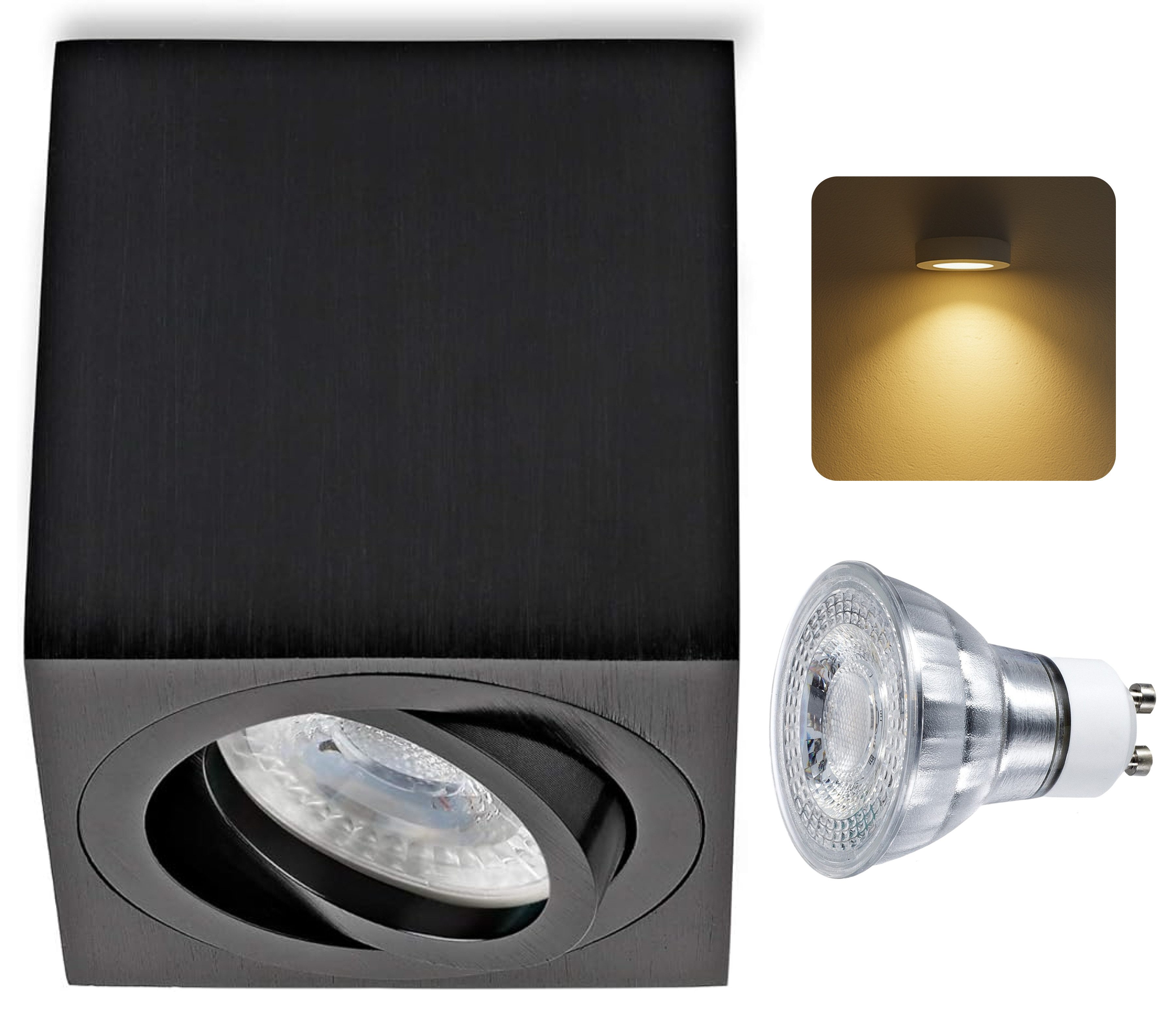 Sweet LED LED Deckenspots eckig Aufbauspot GU10 7W Aluminium schwenkbar, Leuchtmittel wechselbar, Warmweiß, Deckenaufbauleuchte, Aufbaustrahler, schwenkbar