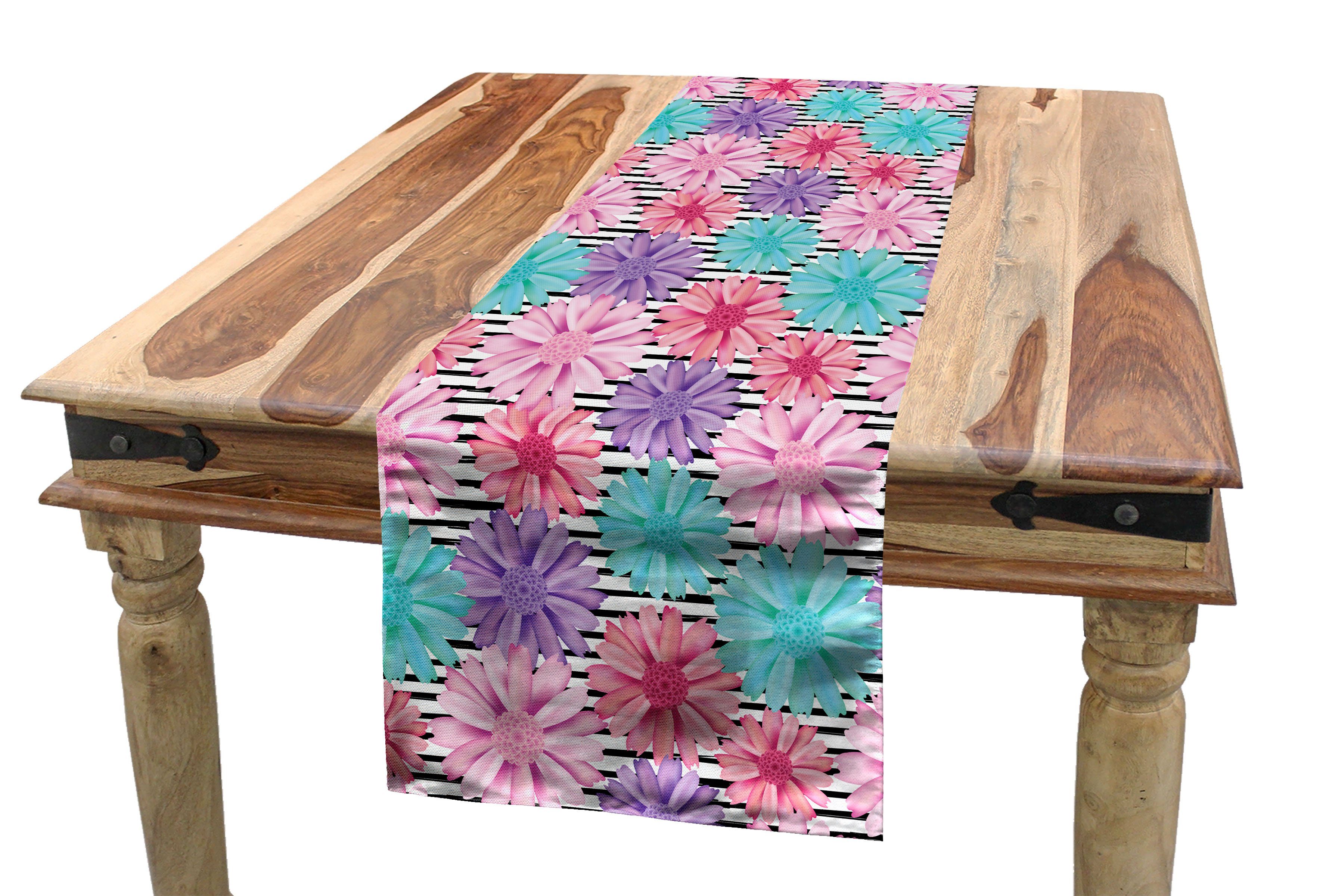 Abakuhaus Tischläufer Esszimmer Küche Rechteckiger Dekorativer Tischläufer, Dahlie Bunte Blüten über Stripes | Tischläufer