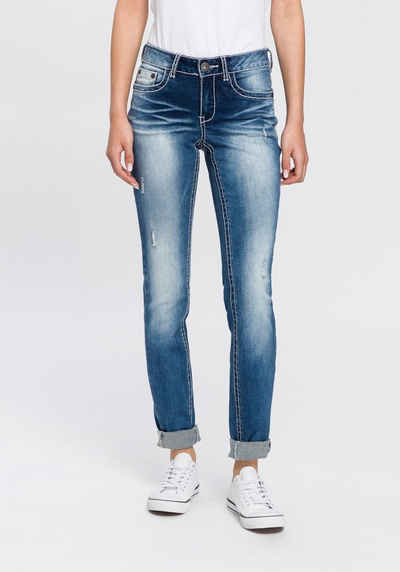 Arizona Skinny-fit-Jeans mit Kontrastnähten und Pattentaschen Low Waist