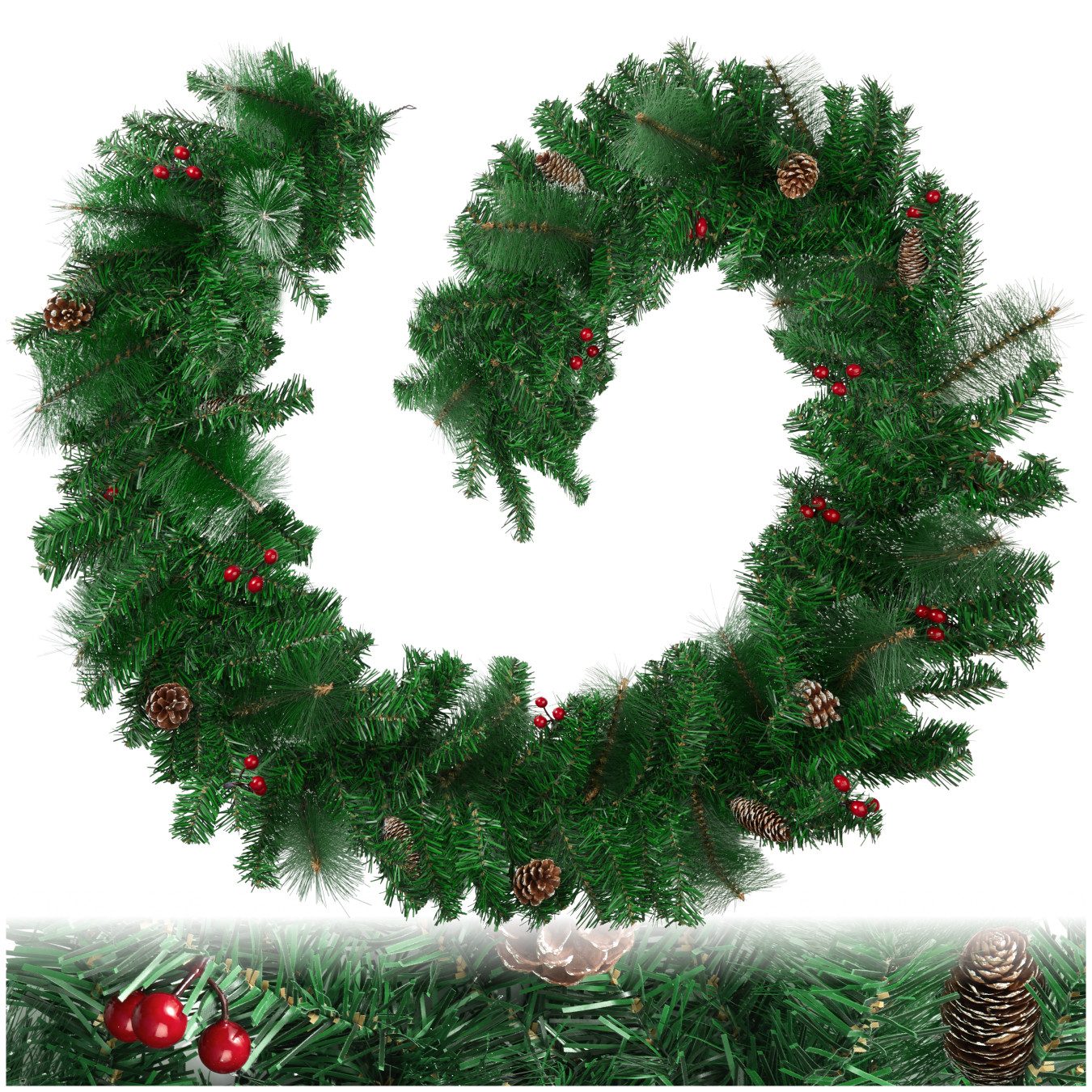 tectake Girlanden Weihnachtsgirlande, mit Schlaufe zum Aufhängen, naturgetreu, 270 cm, Mit Tannenzapfen und Beeren, 180 Zweige, formbar mit viel Volumen