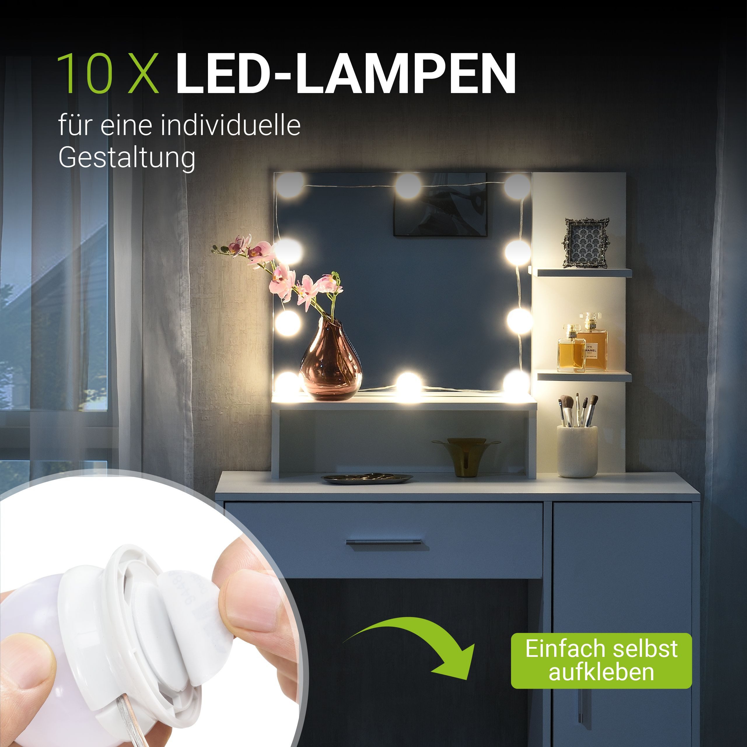 Juskys Schminktisch Zoey, mit LED-Beleuchtung, Spiegel, Schublade und Schrank