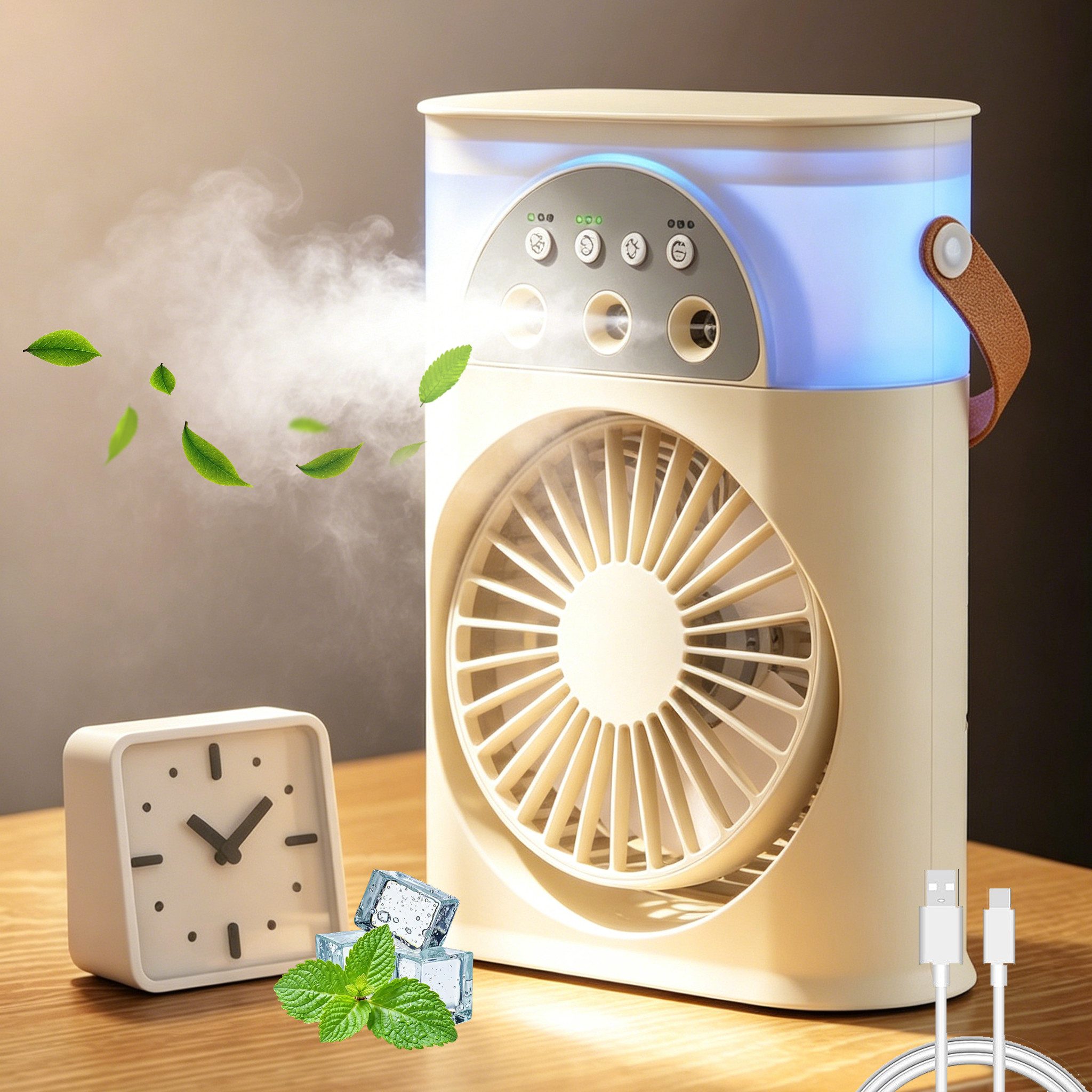 MOPUEA Ventilatorkombigerät Mobiler Luftkühler USB Ventilatorkombigerät Mit Sprühfunktion Leise, Leise Kühlung mit Sprühnebel Timer und 4000mAh Akku