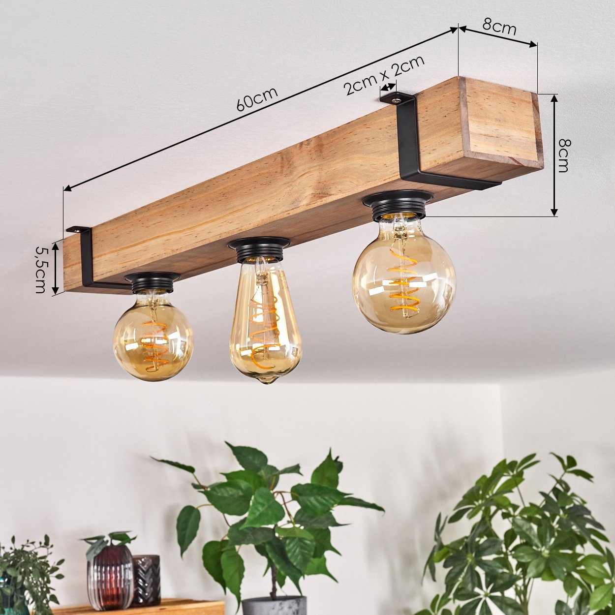 hofstein Deckenleuchte moderne Deckenlampe aus Metall/Holz in Schwarz/Natur, ohne Leuchtmittel, im skandinavischen Design, Holzbalken 60cm, 3x E27, ohne Leuchtm – Bild 4 von 5