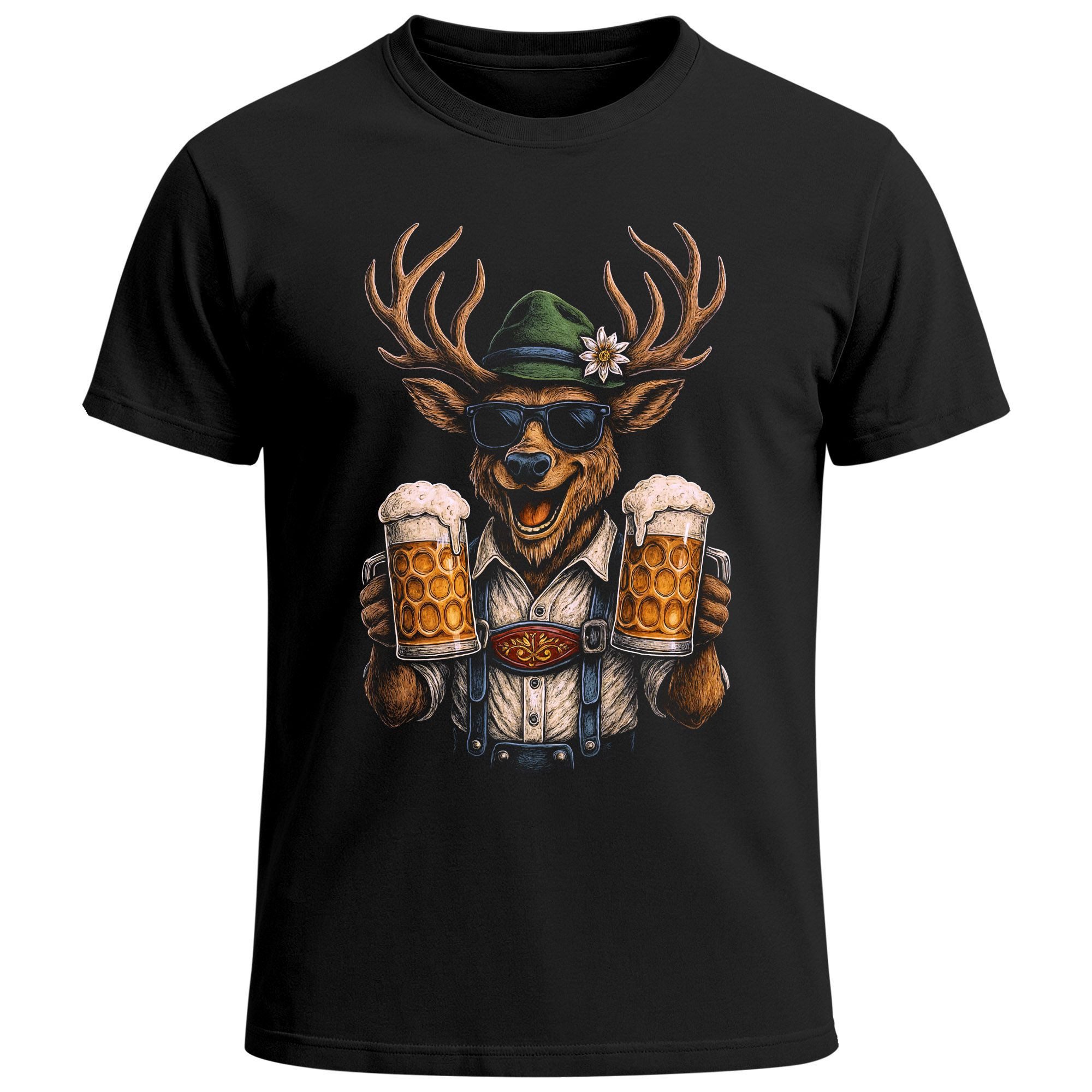 Print-Shirt Herren T-Shirt für das Oktoberfest Hirsch Maßkrüge Bier Trachtenlook