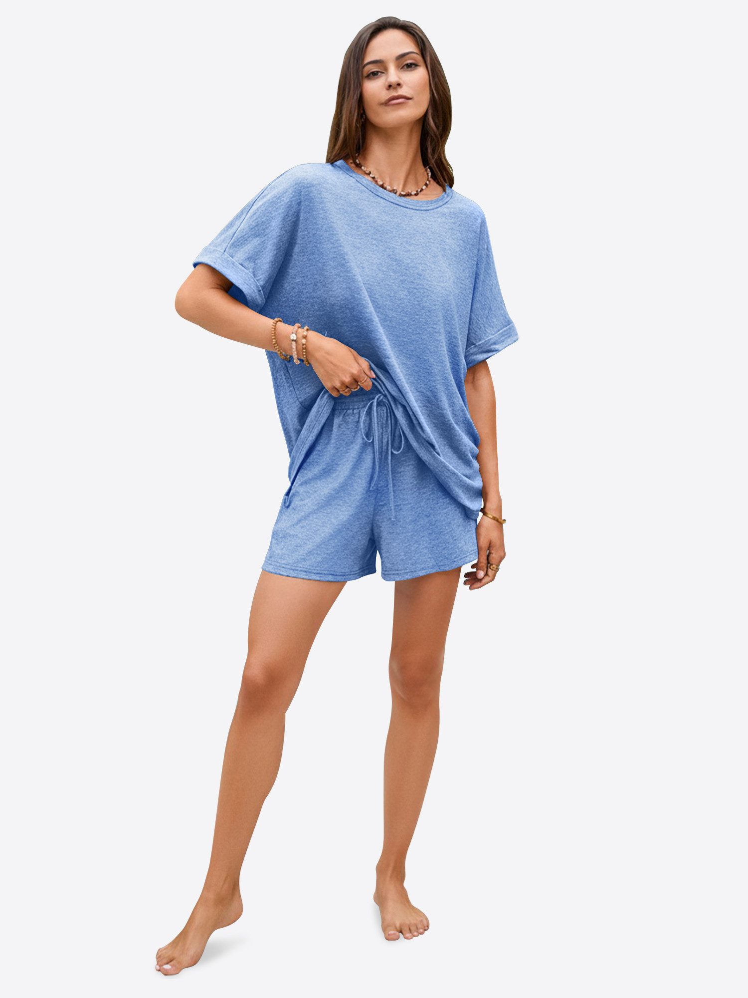 Imily Bela Hausanzug Damen 2-teilige Lounge-Sets (Set, 2 tlg., Oversized Kurzarm-T-Shirts + Shorts mit Kordelzug) einfarbig – Bild 4 von 5
