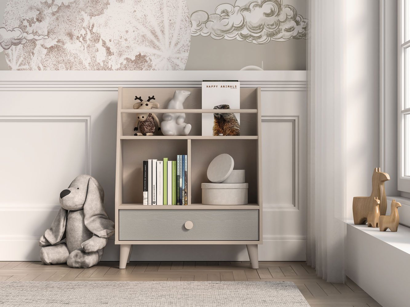 Feldmann-Wohnen Bücherregal Mevel, mit Schublade, mit Vollauszug 1-tlg., 72x36x90cm Wüstensand Palladiumgrau mit Schublade
