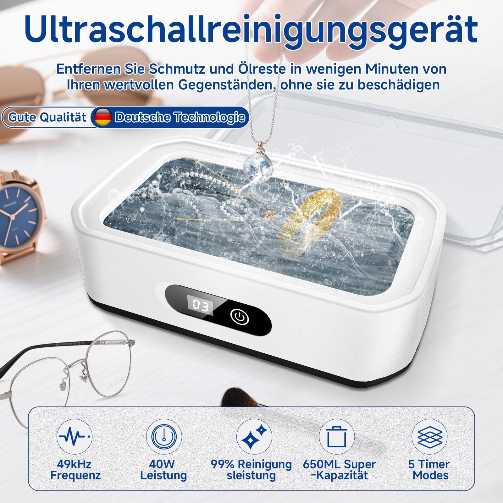 Bundviel Ultraschallreiniger Ultraschallreinigungsgerät Ultraschall Ultraschallgerät 49kHz 650ML