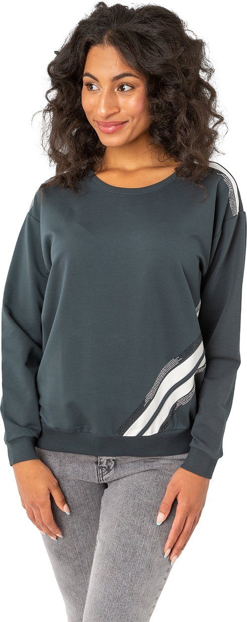 Gio Milano Sweatshirt G27-7125 mit abgesetzten Streifen und Strassbesatz gray