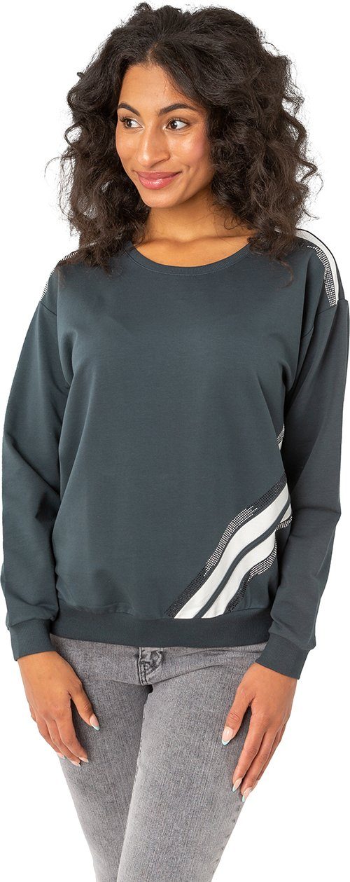 Gio Milano Sweatshirt G27-7125 mit abgesetzten Streifen und Strassbesatz