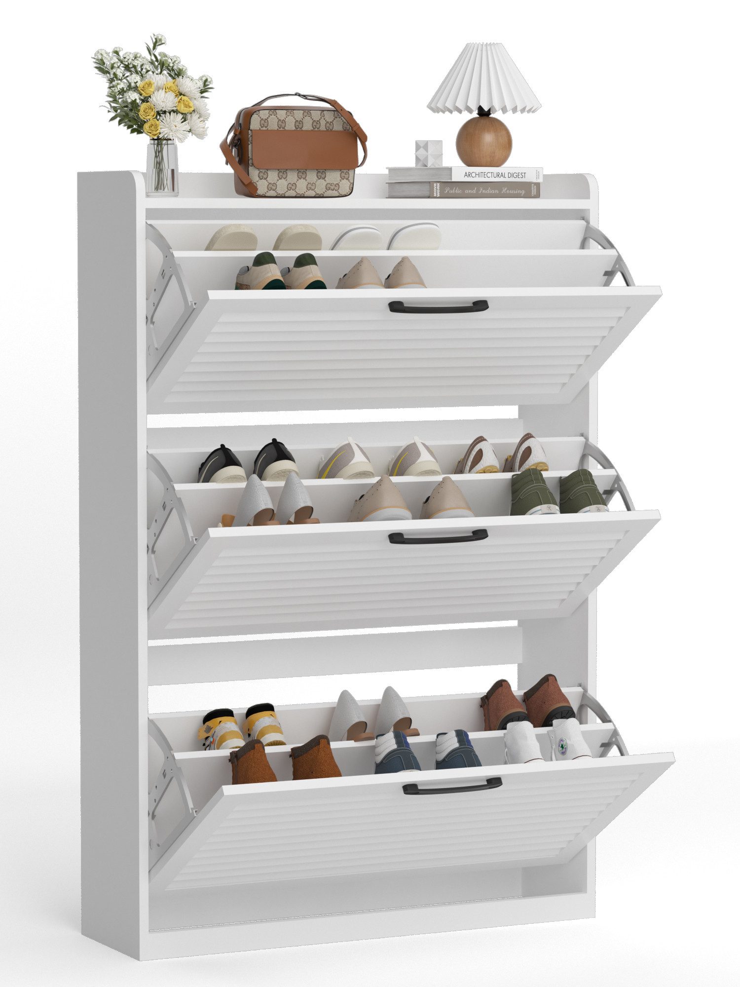 FiveWillowise Schuhschrank Schmal, Schuhkipper Schuhregal Schuhkommode, Schuhaufbewahrung (1-St) mit Lamellentür, 3 Klappen, und 6 Verstellbar Ablageflächen