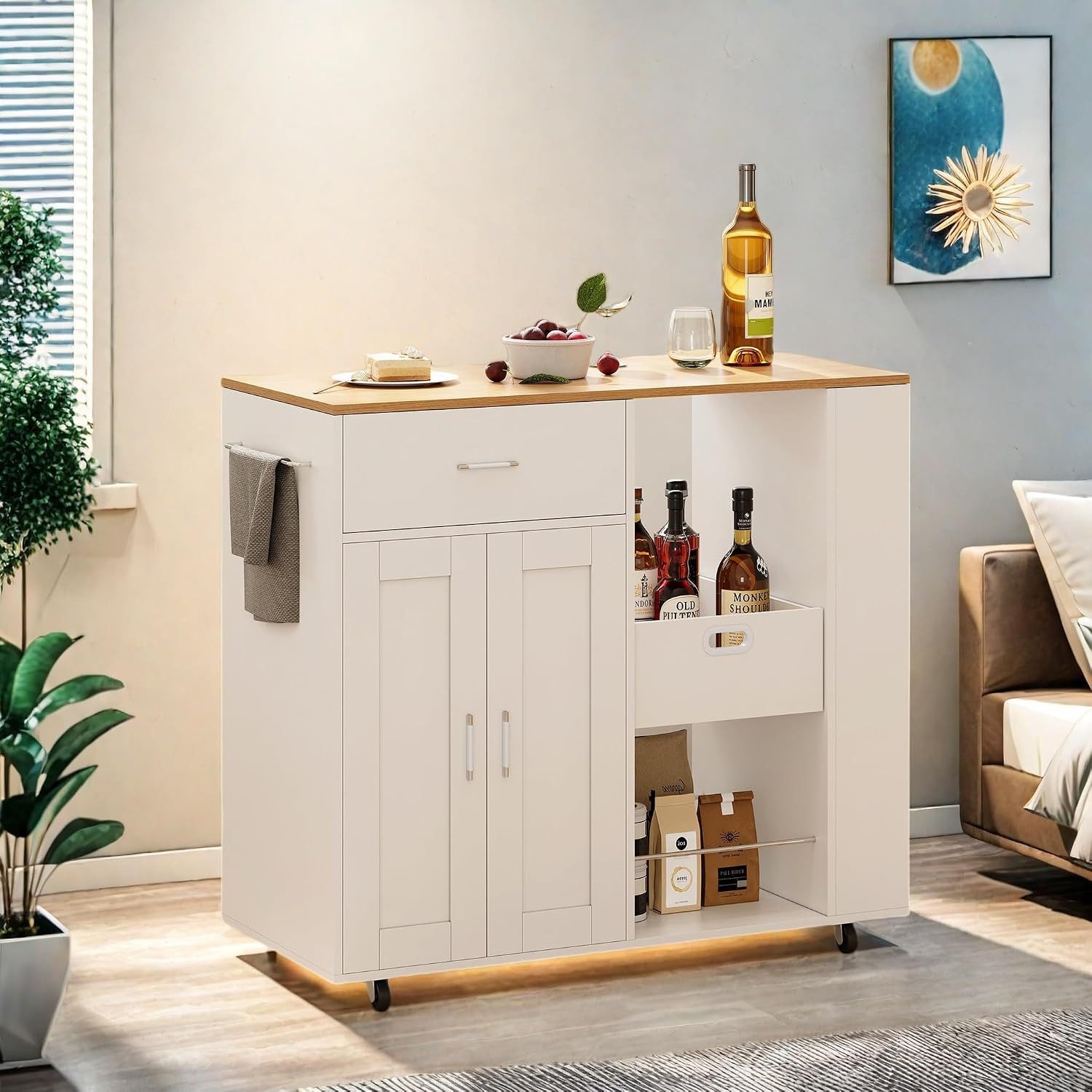 Simurq Schranktür Kücheninsel auf Rollen weiß mit Schublade & 2 Türen, 102x46x92cm
