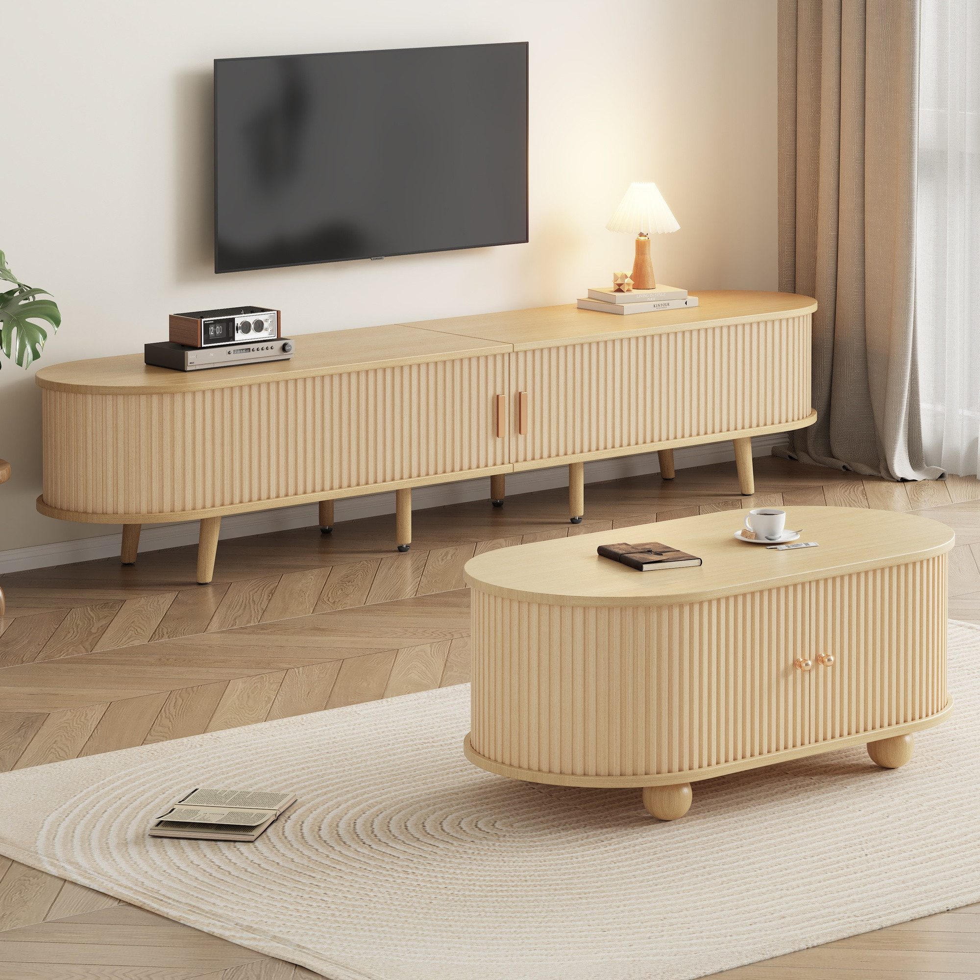 IDEASY Wohnzimmer-Set Ovaler TV-Schrank mit Couchtisch-Kombi & Stauraum