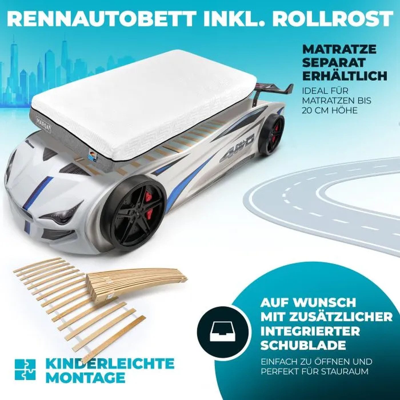 MARQA HOME Autobett Kinderbett 90x200 mit Rolllattenrost (Autobett 90x200 mit Rolllattenrost), Kinderbett Autobett 90x200 mit Rolllattenrost