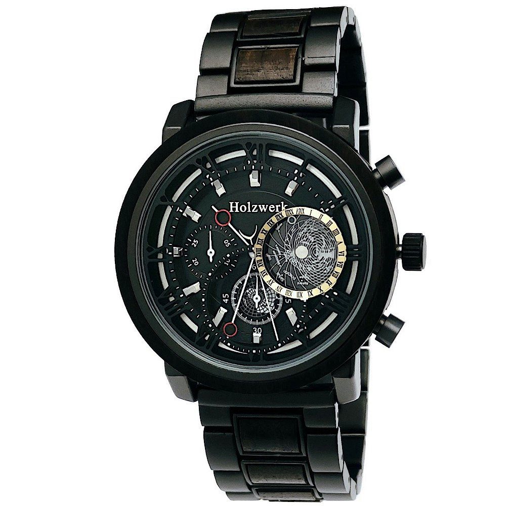 Holzwerk Chronograph BRAMSCHE Herren Edelstahl & Holz Armband Uhr in schwarz, grau