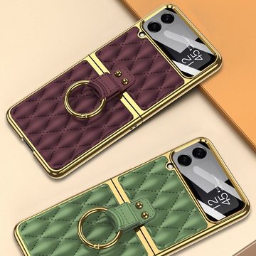 Wigento Handyhülle Für Samsung Galaxy Z Flip4 5G Kunstleder Design Ring Handy Tasche Hülle Etuis Pink