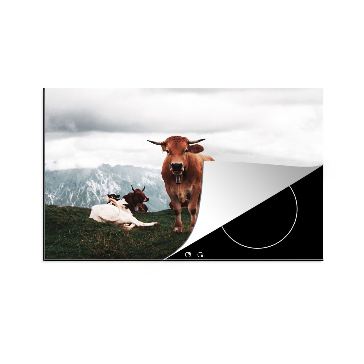 Herdblende-/Abdeckplatte Schutz küche, - Berg, Induktionskochfeld Kuh Vinyl, - Tiere tlg), 80x52 Ceranfeldabdeckung cm, die für (1 MuchoWow