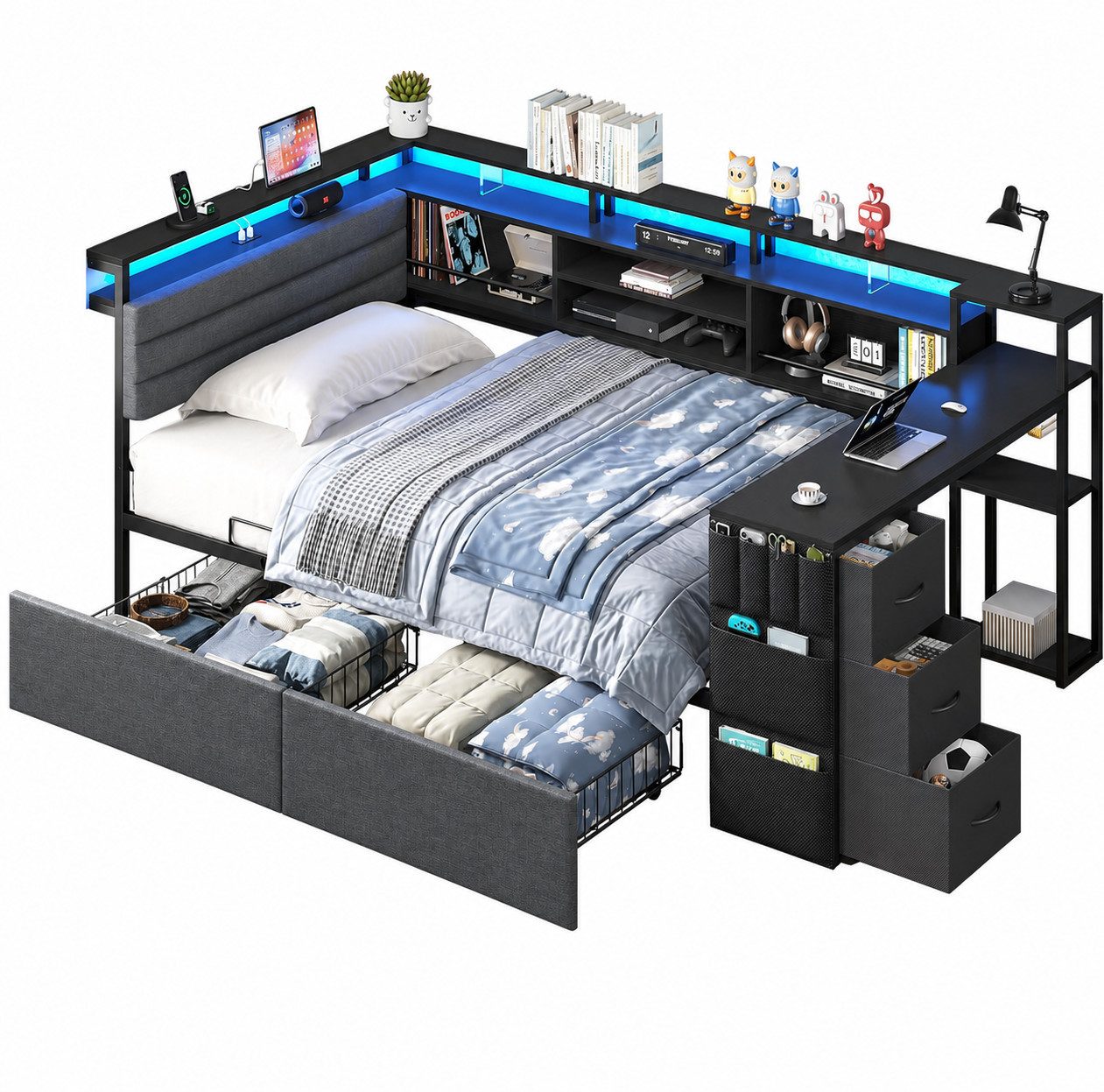 KIMENICH Jugendbett mit LED‑Beleuchtung, Ladestation und integriertem Schreibtisch (Ohne Matratze), Tagesbett mit großen Schubladen, Polsterbett, 90x190cm