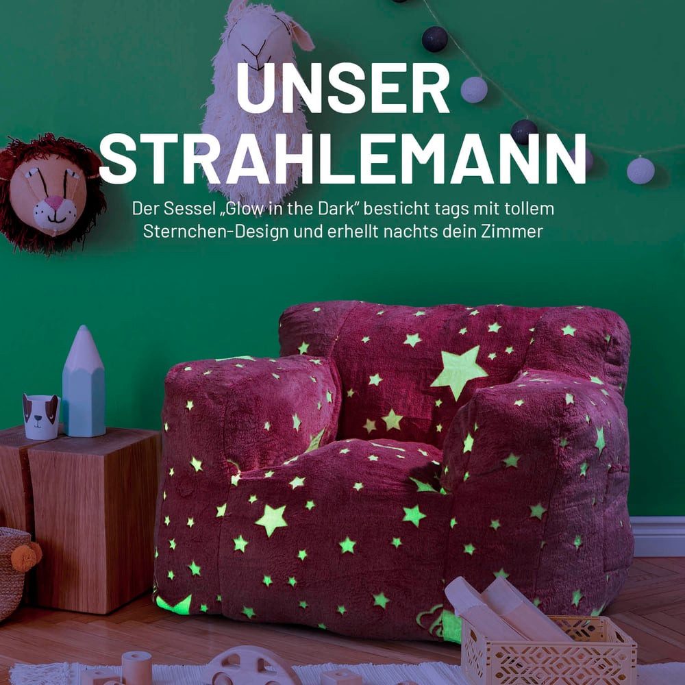Lumaland Sitzsack Kinder Sessel Glow in The Dark, Kindersofa im Sternen-Design, Indoor Kindersessel fürs Kinderzimmer