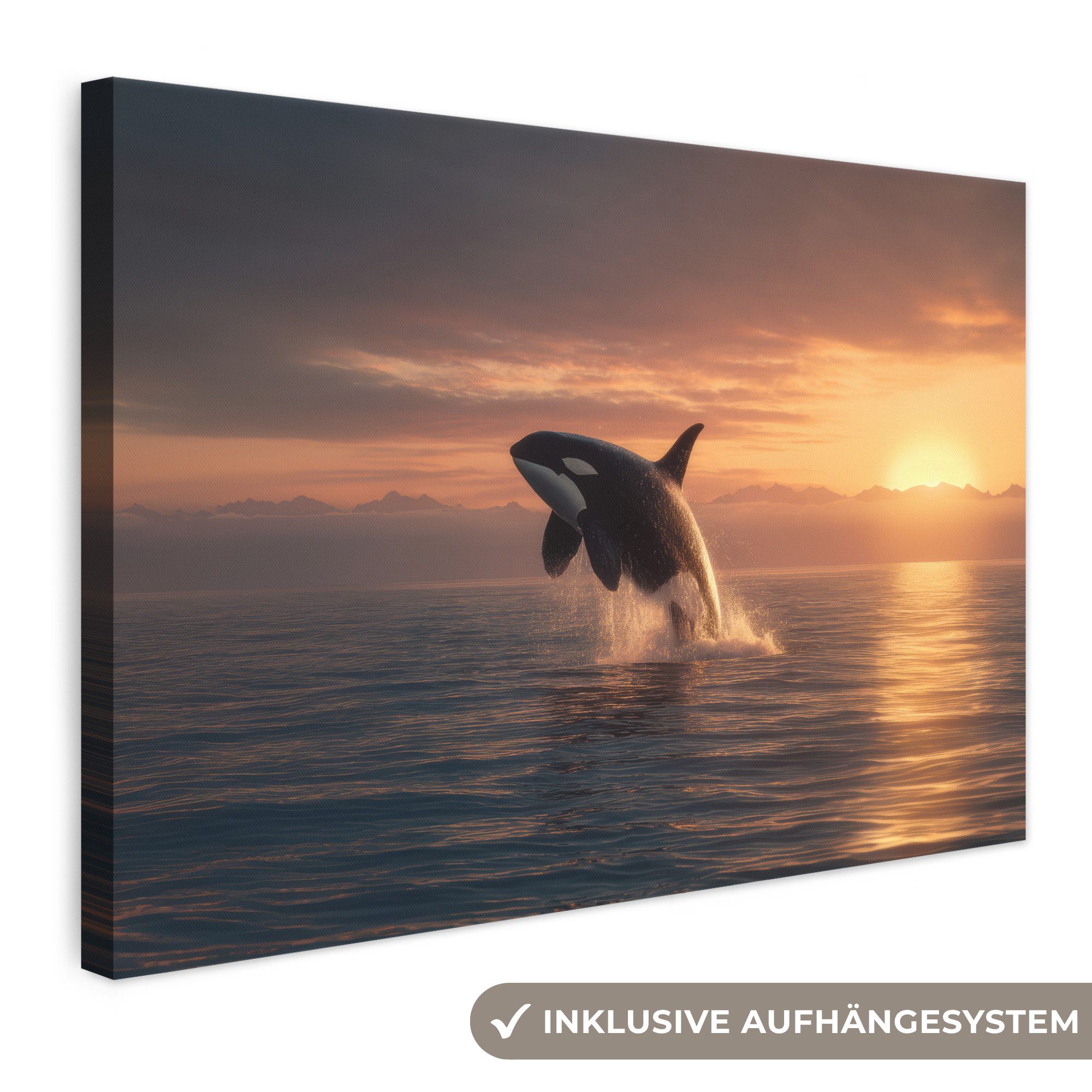 OneMillionCanvasses® Leinwandbild Orca - Meer - Sonnenuntergang, Fotodruck (1 St), Leinwand Bilder Klein, Wand Dekoration Aesthetic 30x20 cm
