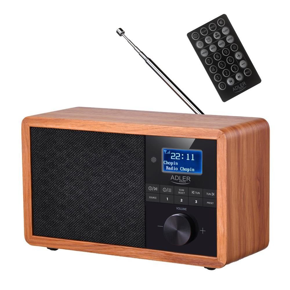 ADLER EUROPE AD 1184 Digitalradio mit Bluetooth 5.0, FM Radio Digitalradio (DAB) (MP3 Player, FM-Tuner, Internetradio, Bluetooth 5.0, SD Kartenleser, UKW, Wecker, Uhr, mit Fernbedienung, Holzgehäuse Braun)