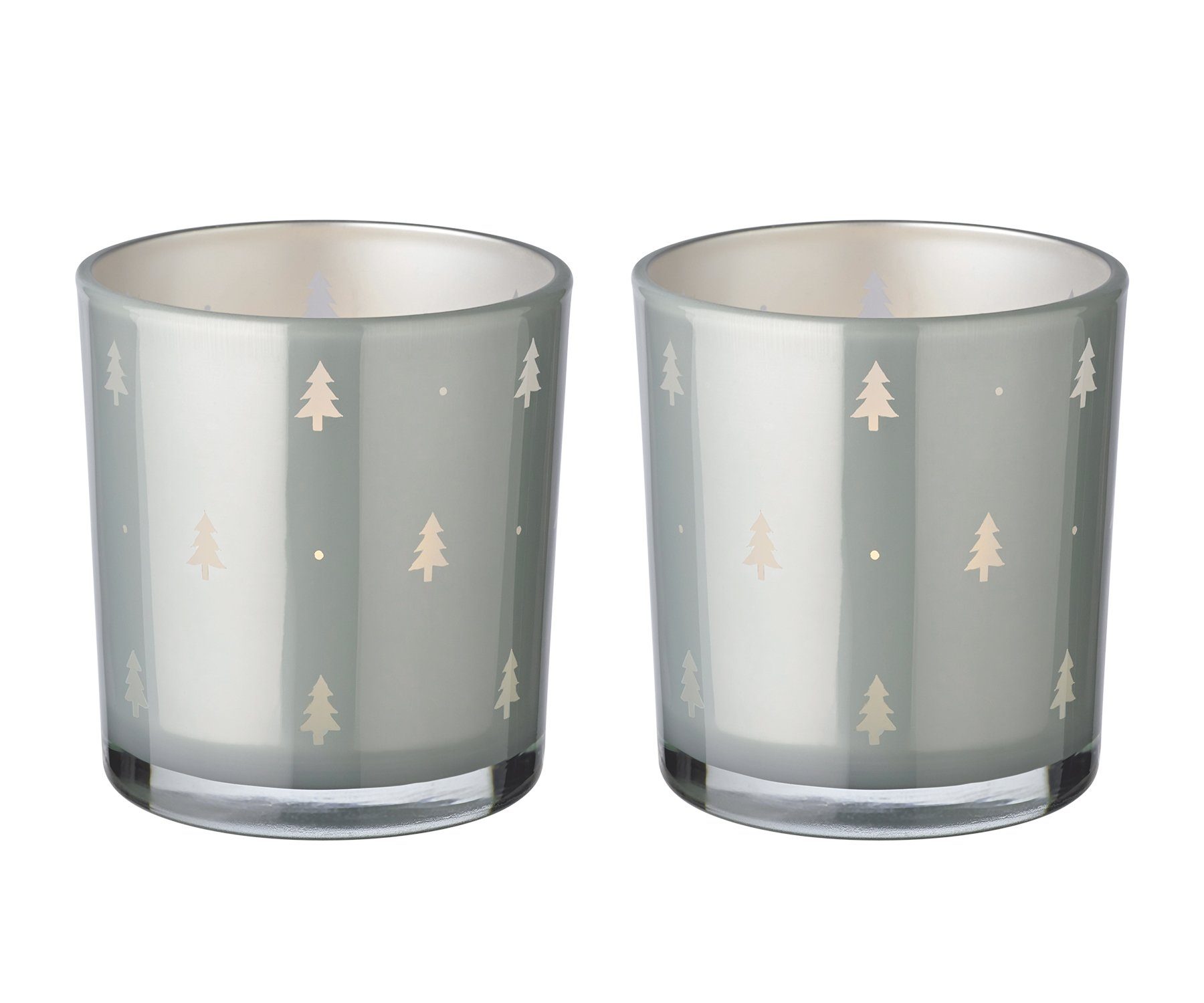EDZARD Teelichthalter Tani (2er, Set), Höhe 8 cm, Ø 7 cm, Windlicht, Teelichtglas mit Tannen-Motiv in Grau