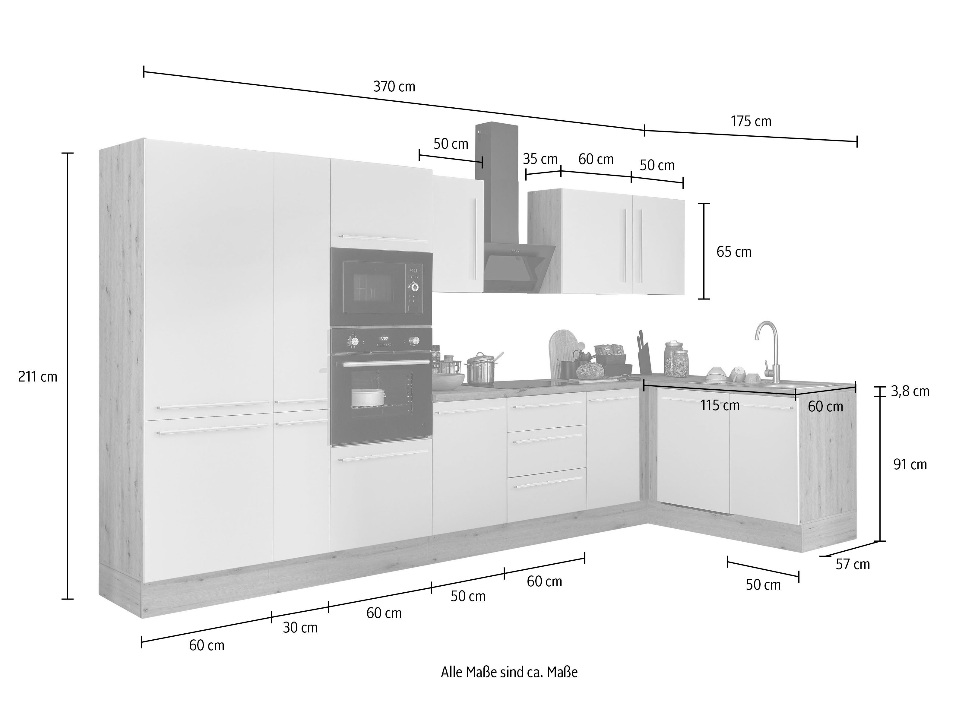 KOCHSTATION Winkelküche Florida, Stellbreite 370x175 cm, wahlweise mit E-Geräten, mit Softclose für Türen und Schubkästen