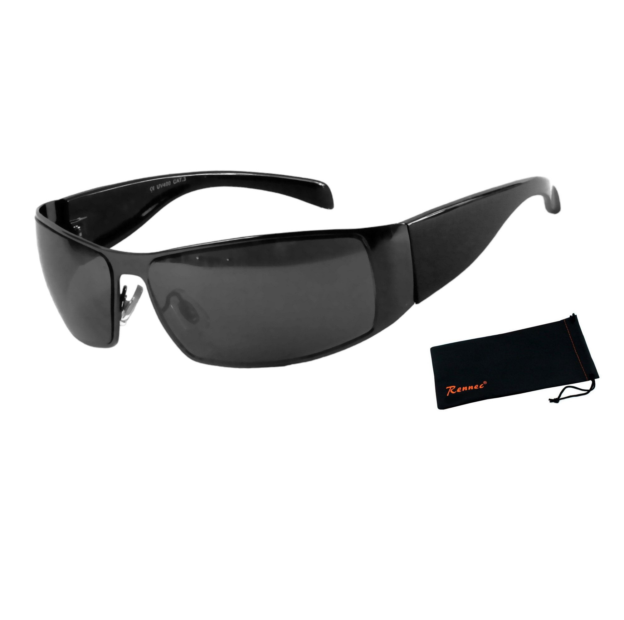 Rennec Sonnenbrille Herren Schwarz Schmal Eckig Metallbrille Getönt UV400 Biker Style Brille, Gläser Schwarz, Wrap Around
