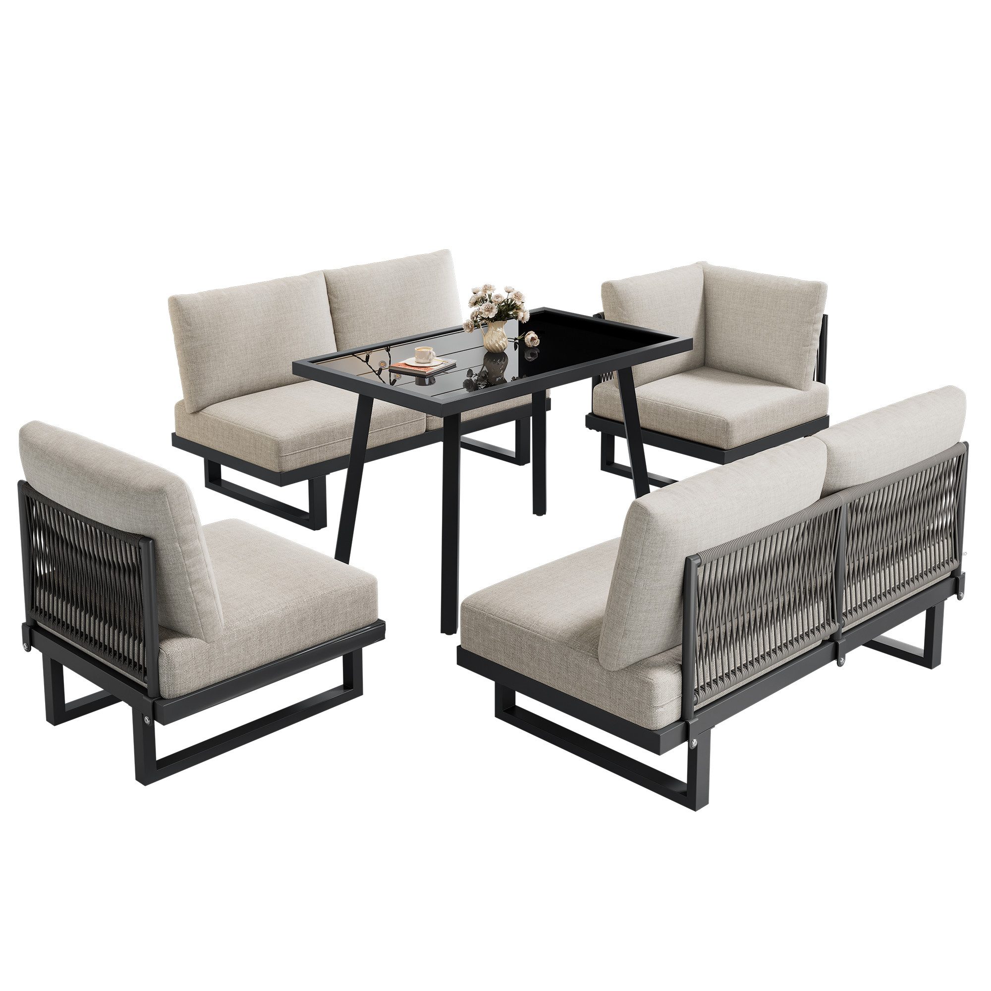 Luckice Gartensofa Garten-Essgruppe,Gartenmöbel-Set, Garten-Loungesessel-Set, Ecksofa, Outdoor-Relaxbett, Esstisch,Kann in ein Liegebett umgewandelt werden, verzinkter Stahl, graubeige