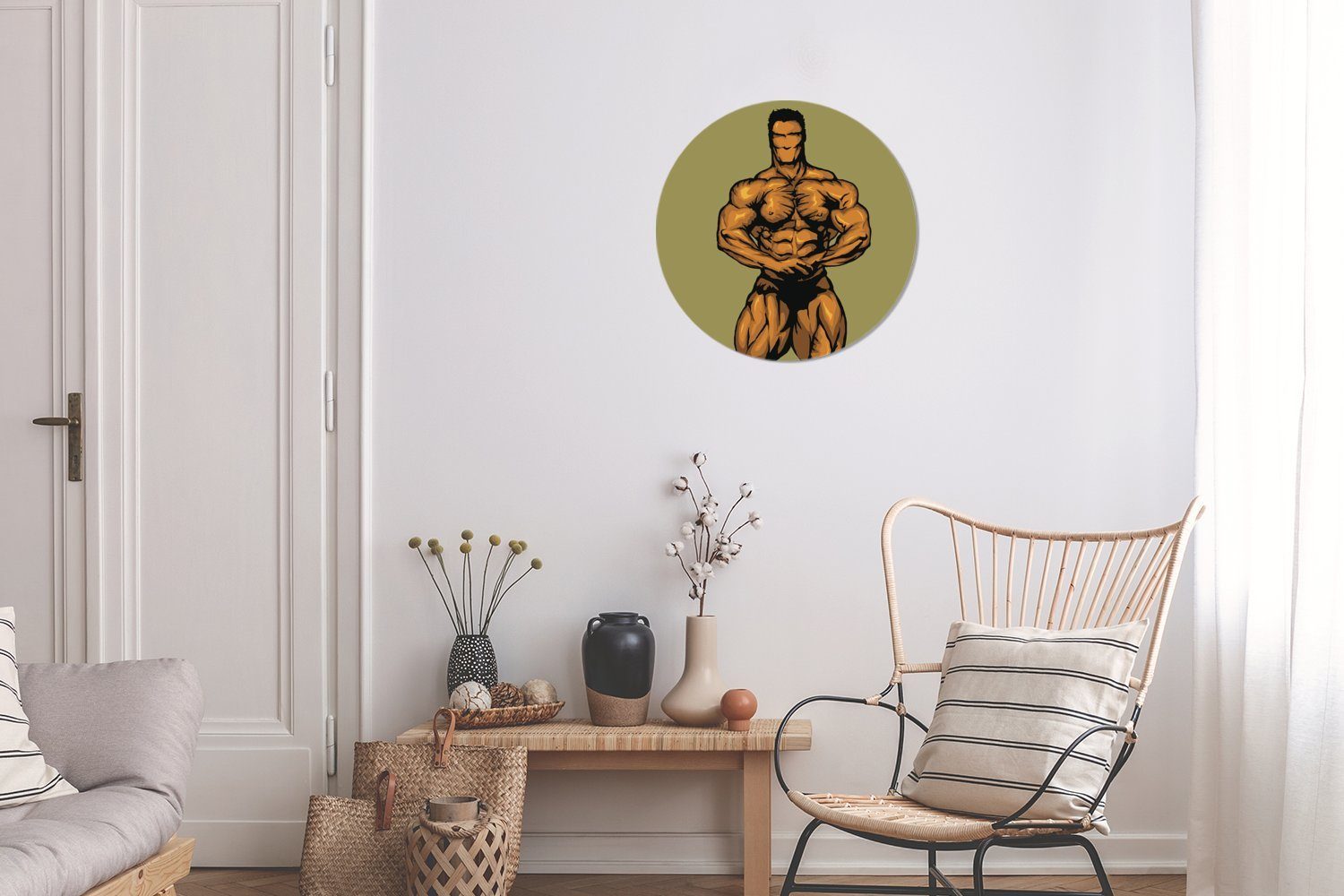 Hintergrund, 30x30 Illustration Forex, Wohnzimmer, cm Gemälde (1 auf St), eines MuchoWow Wandbild, Rundes grünlich-gelbem Wanddekoration Kreis Bodybuilders