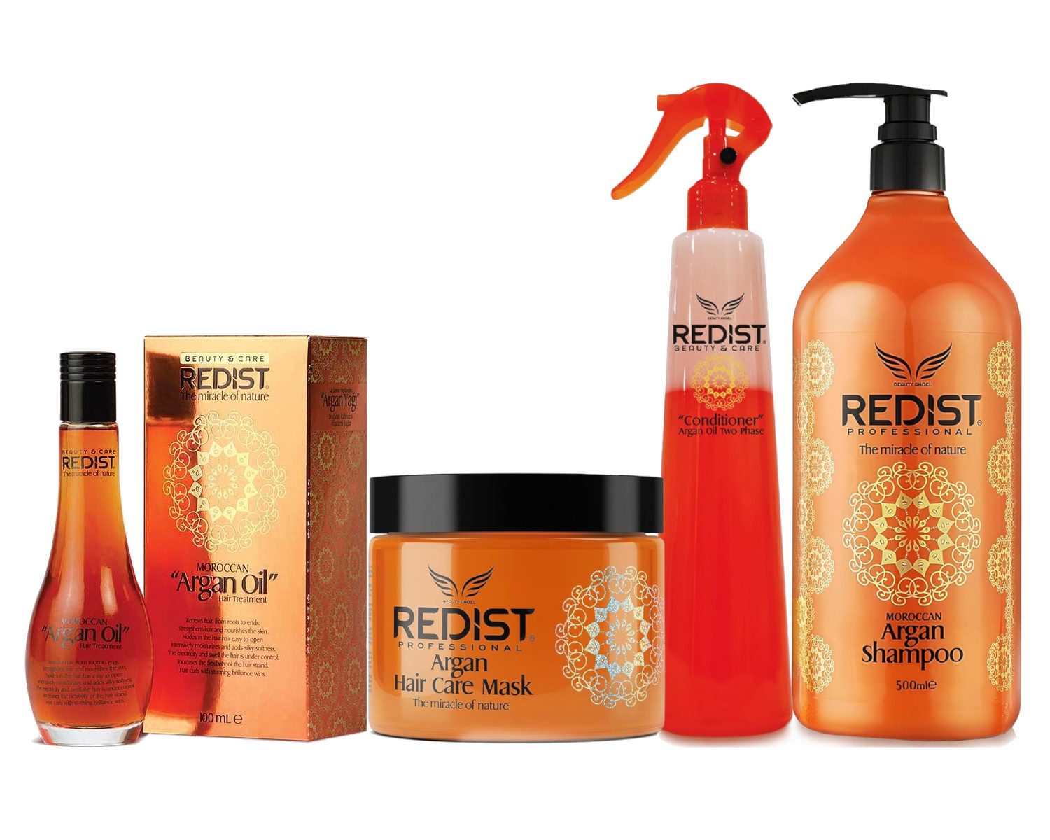 Redist Haarpflege-Set Argan Pflege-Set - Shampoo + Haarkur + Conditioner + Haaröl, Spar-Set, 4-tlg.