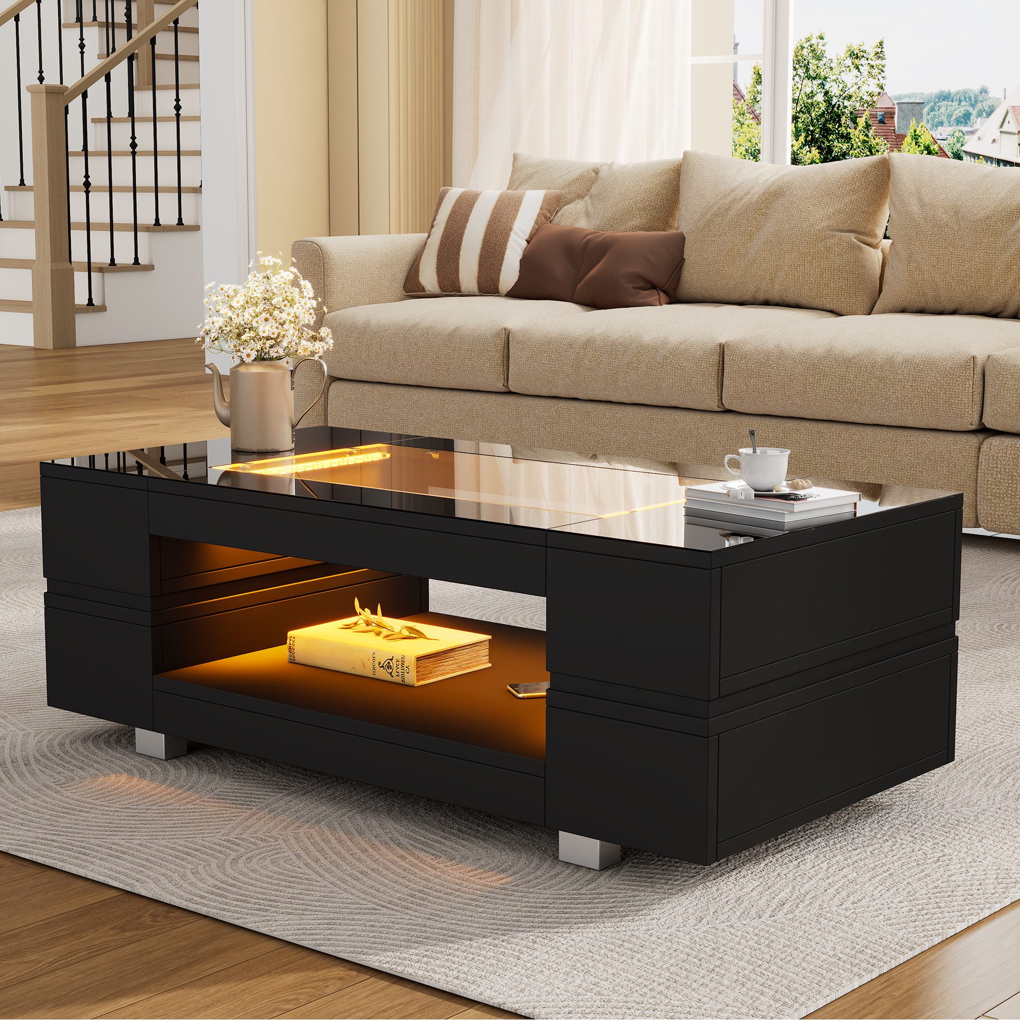 Merax Couchtisch hochglanz Sofatisch Beistelltisch mit LED-Beleuchtung (1-St., 1 Tisch), Wohnzimmertisch mit Stauraum & Glas, 100x50x35cm