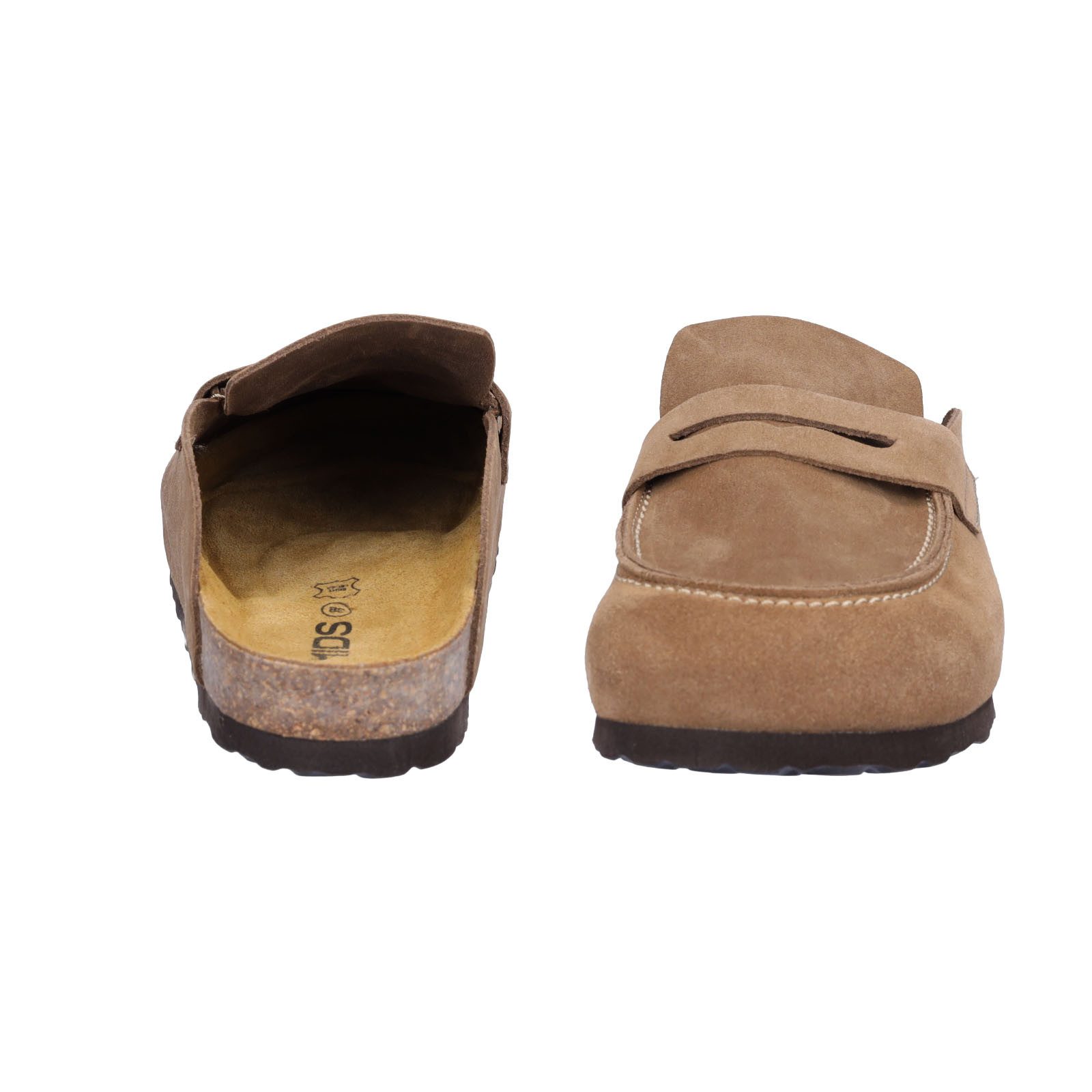 MIDS MIONA Damen Pantolette tan, Velourleder Clog im Mule-Stil mit ergonomischem Lederfußbett