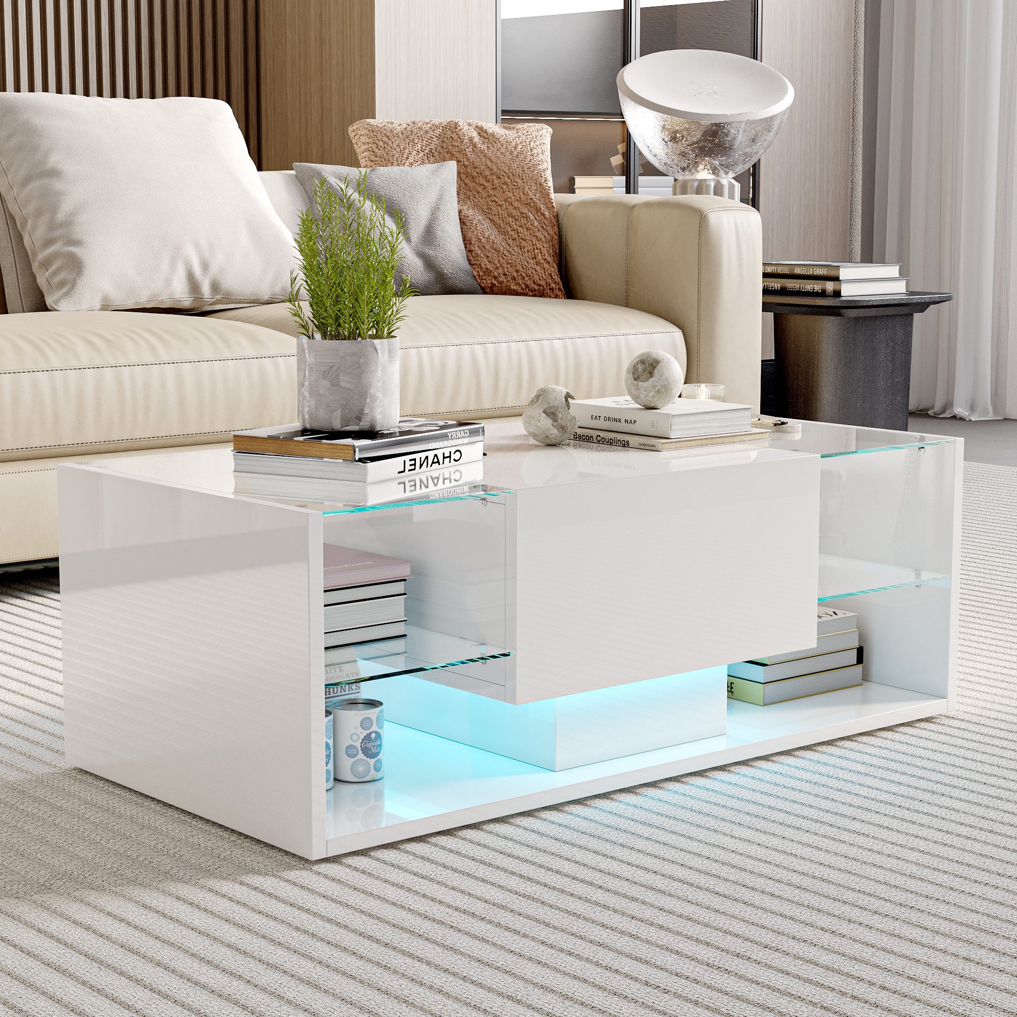 PXloue Couchtisch LED-Couchtisch mit Stauraum und günstig online kaufen