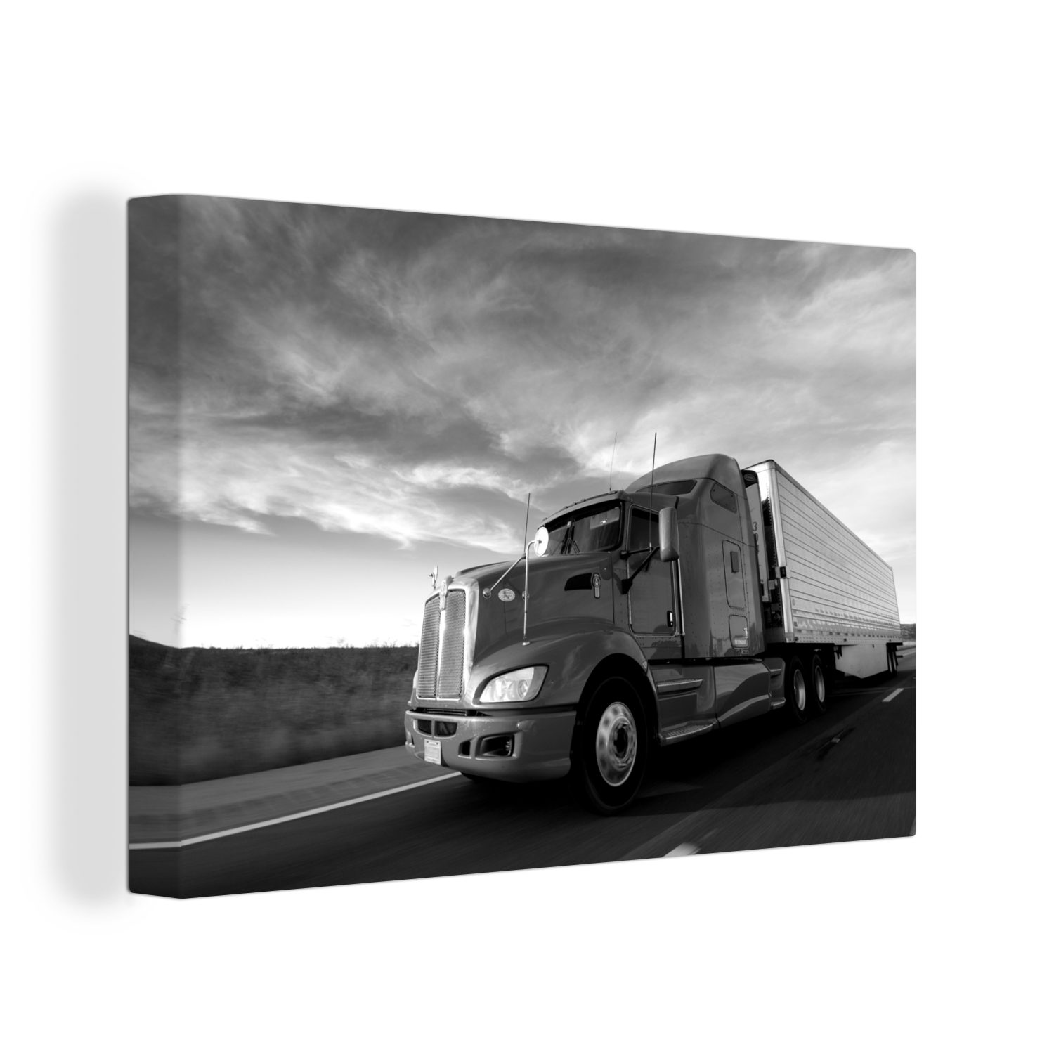OneMillionCanvasses® Leinwandbild Lastwagen mit bedrohlichem Himmel - schwarz und weiß, (1 St), Wandbild Leinwandbilder, Aufhängefertig, Wanddeko, 30x20 cm