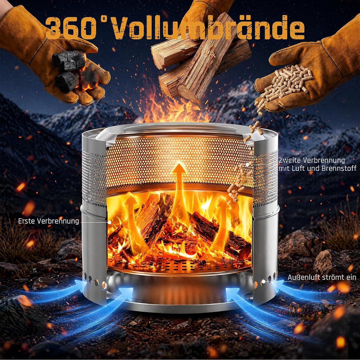 TLGREEN Feuerschale Raucharme Feuerschale 50 cm aus Edelstahl, (doppelwandiger Feuerkorb mit herausnehmbarer Ascheschale, 2‑in‑1 Outdoor‑Feuerstelle mit Grillro – Bild 4 von 5