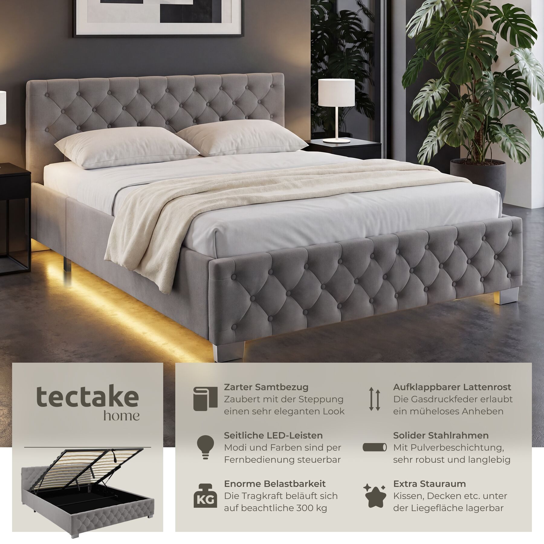 tectake Polsterbett Komfortbett mit LED-Leisten & Stauraum - Samtoptik mit Steppmuster (Bettset, in Dunkelgrau), stabiler Stahlrahmen, Belastbarkeit 300 kg