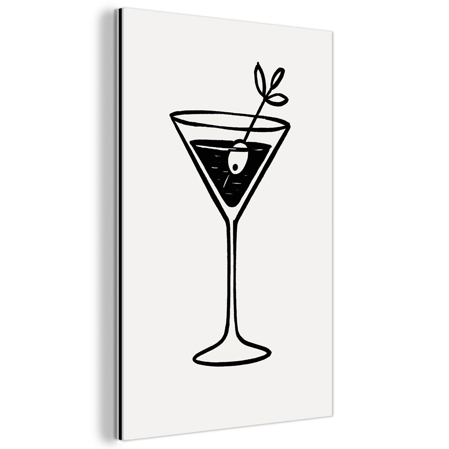 MuchoWow Metallbild Cocktail - Glas - Olive - Minimalistisch, Inkl. Aufhängung, Alu-Dibond-Druck, Dekoration aus Metall, Aluminium deko, 80x120 cm