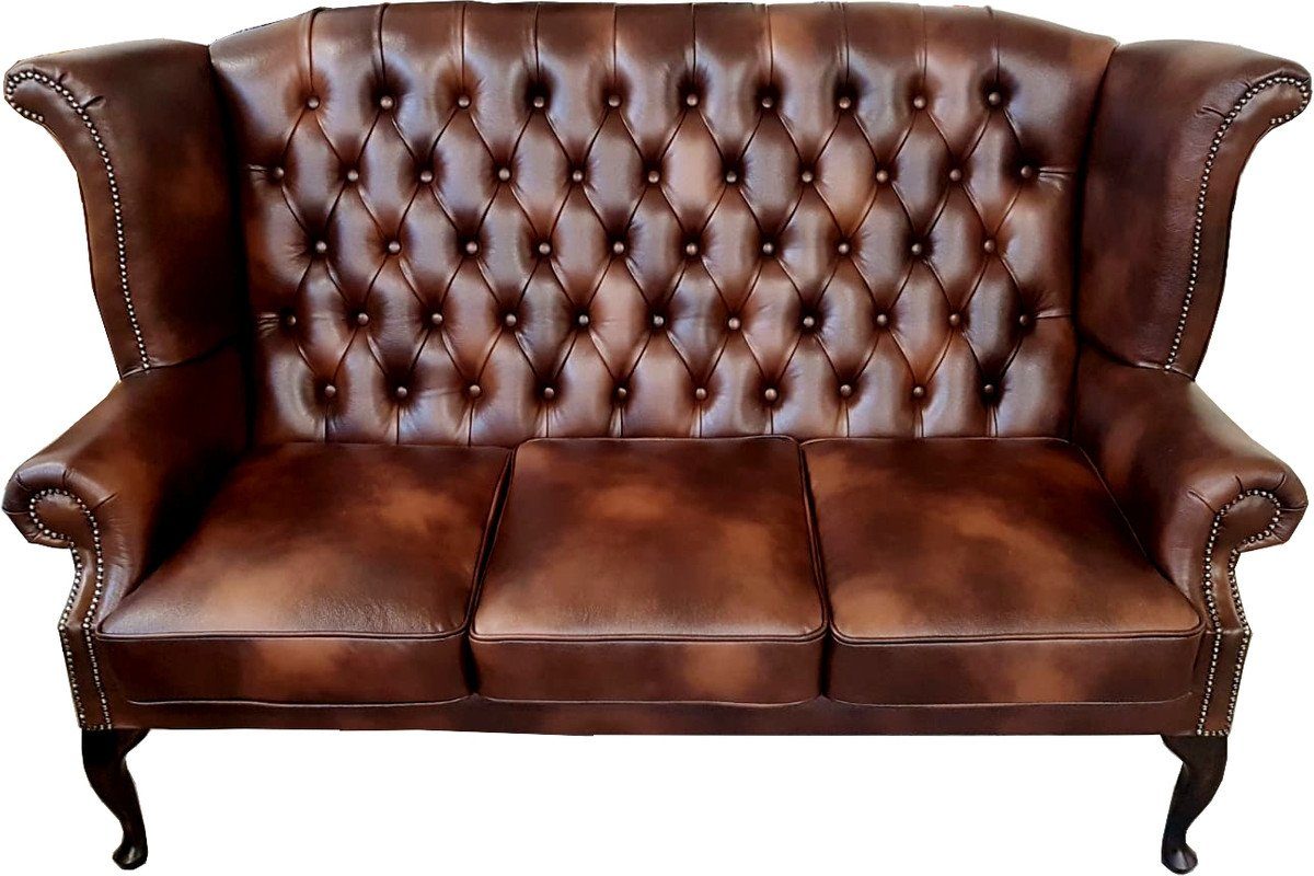 Casa Padrino 3-Sitzer Luxus Echtleder 3er Sofa Dunkelbraun Vintage Antik Look 183 x 90 x H. 105 cm - Chesterfield Sofa