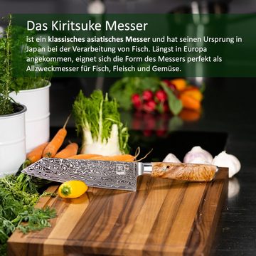 ZAYIKO Kochmesser Kinone Damast Chefmesser Kiritsuke 20 cm Klinge Wurzelholzgriff Birke, dunkler Damaststahl