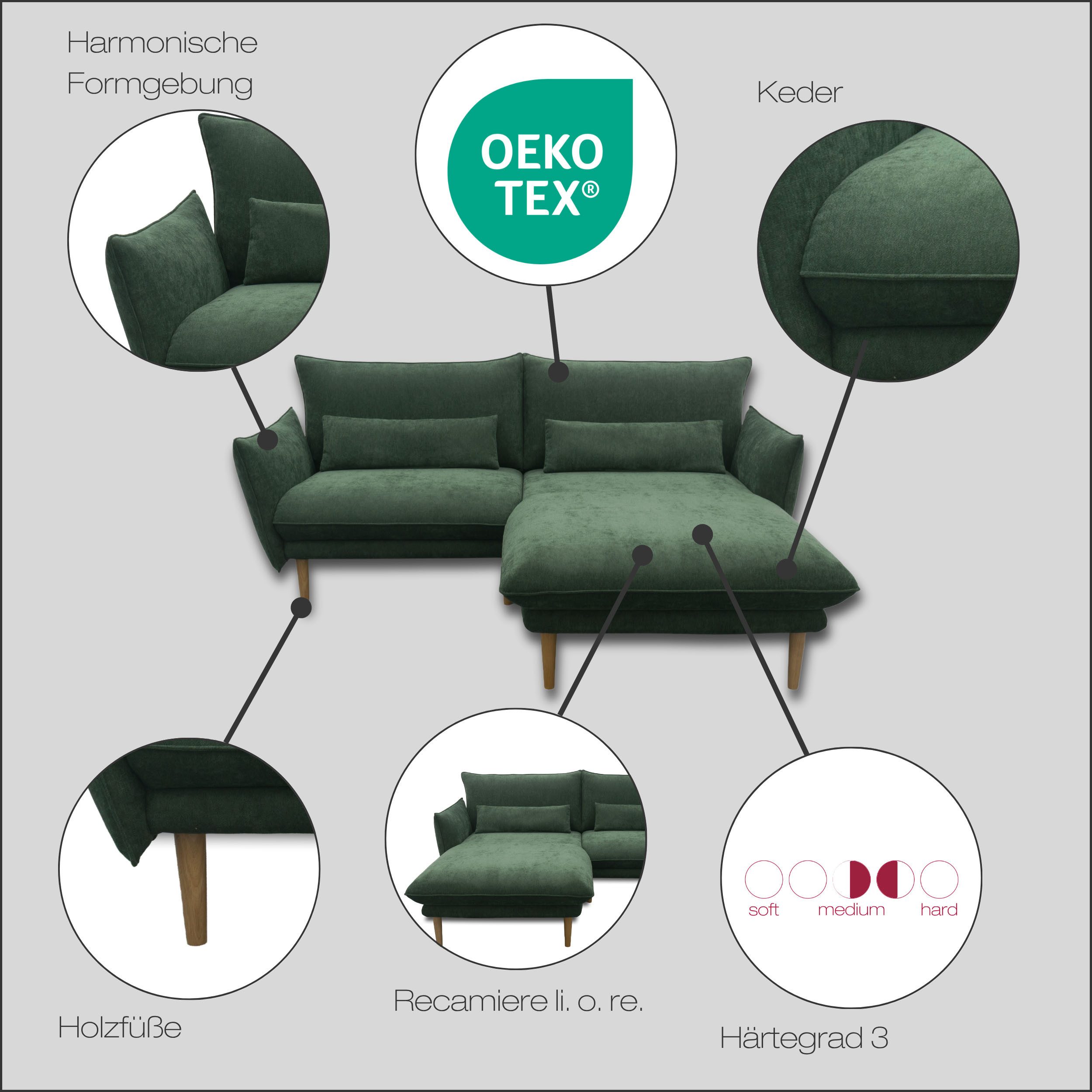 DOMO collection Ecksofa Leuven kompakte Stellmaße, Breite 200 cm, schmale Armlehnen, L-Form, angenehm feste Polsterung, bodenfrei, 19 cm hohe Holzfüße